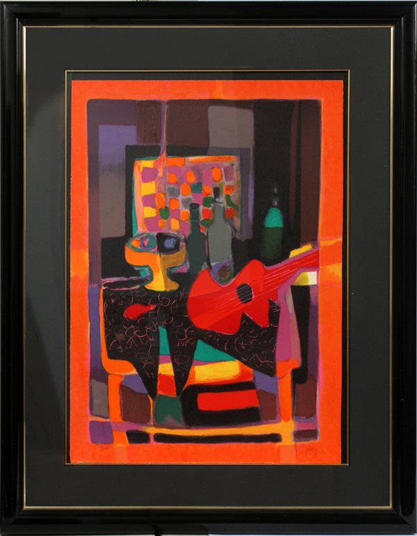 MARCEL MOULY COLOR LITHO, ABSTRACT WITH GUITAR: MARCEL MOULY (FRENCH 1918-2008), COLOR LITHOGRAPH, 32" X 42", ABSTRACT STILL LIFE WITH GUITAR:Pencil signed; Ed. # 201/300; size is image and paper; framed.