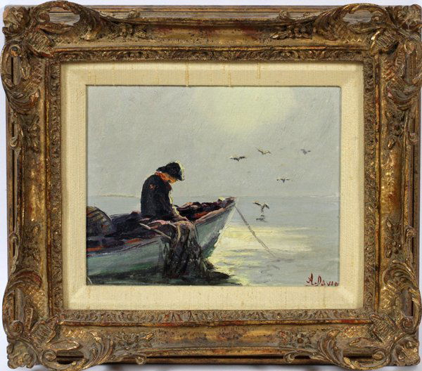 ARTHUR DAVIS OIL ON MASONITE 8" X 10" FISHERMAN: ARTHUR DAVIS OIL ON MASONITE 8" X 10" FISHERMAN:Depicting a fisherman at in a small boar at anchor with a net over the side and seagulls in the background. Signed lower right, matted and framed.
