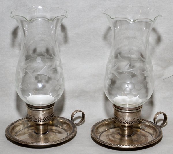 GUMP'S STERLING CRYSTAL HURRICANE CANDLE HOLDER: GUMP'S STERLING & CRYSTAL HURRICANE CANDLE HOLDER, PAIR, H 8 1/4":Etched flowers, wavy edges and handles.