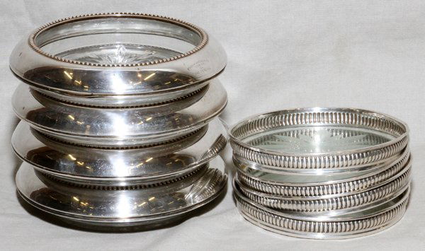STERLING SILVER AND CRYSTAL COASTERS, 8: STERLING SILVER AND CRYSTAL COASTERS, 8:Four matching with round edges, four matching with beaded like edges.