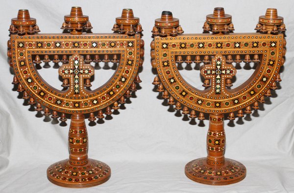 SYRIAN INLAID WOOD CANDELABRA CROSS DESIGN 14"H: SYRIAN INLAID WOOD CANDELABRA WITH CROSS DESIGN, H 14":Wood bells suspended.