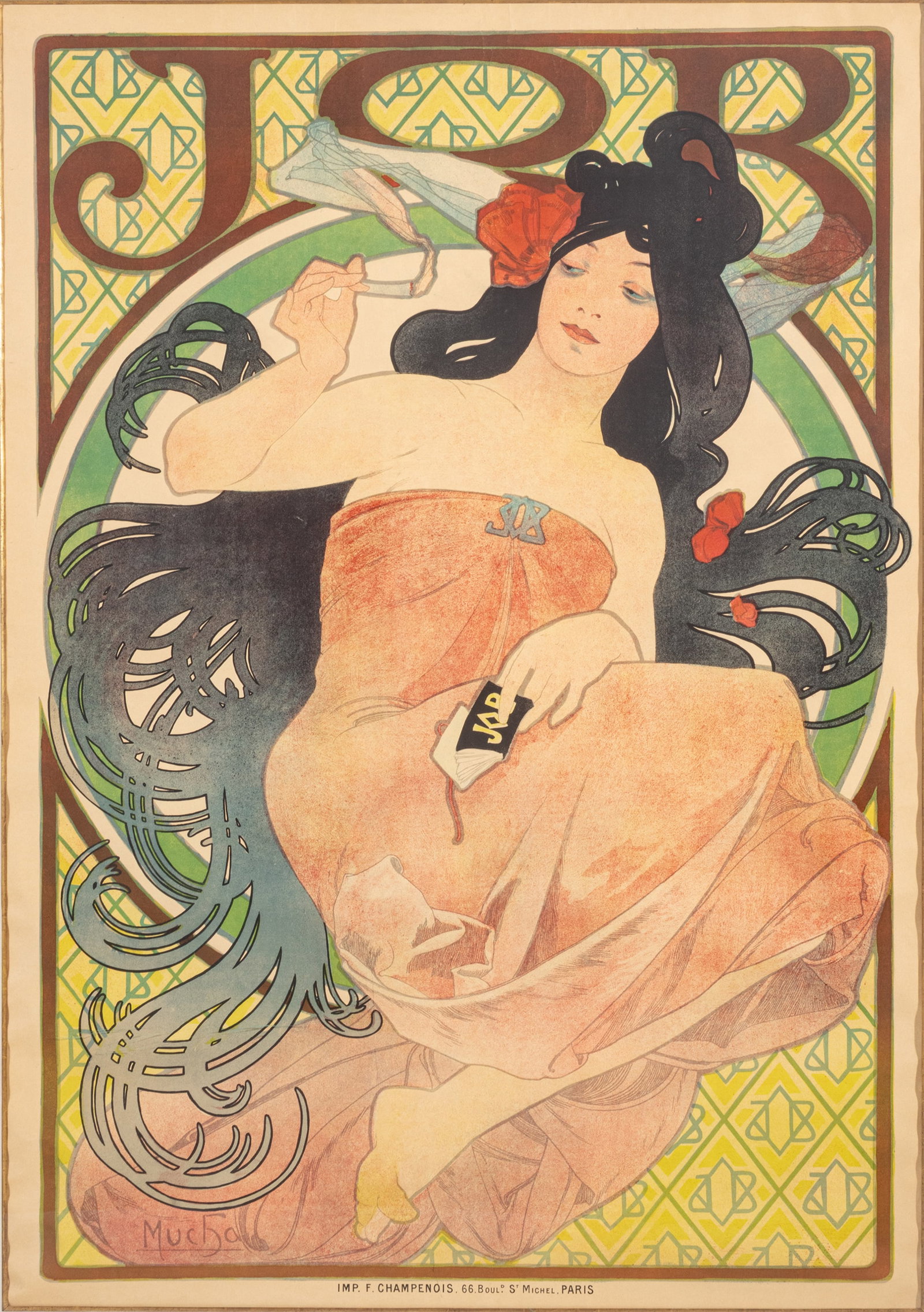 Alphonse Mucha (Czech, 1860-1939) Chromolithograph Poster, Ca. 1898, 'Job (La Femme Brune)', H 55" W: Alphonse Mucha (Czech, 1860-1939) Chromolithograph Poster, Ca. 1898, 'Job (La Femme Brune)', H 55" W 37" Large scale advertising poster for JOB cigarette papers. Depicting a reclining brunette beauty,