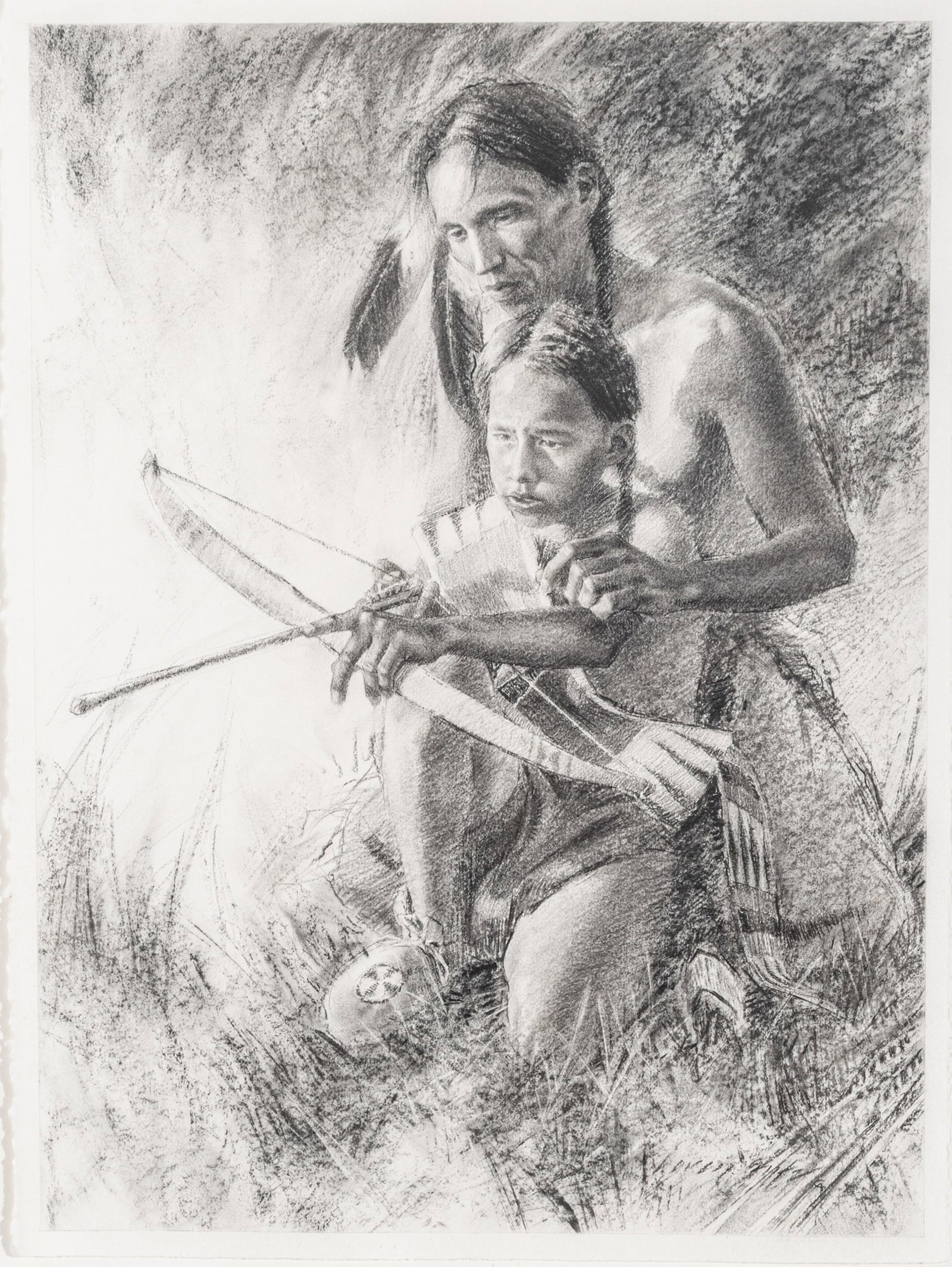 Loren Entz (American, 1949-2022) Charcoal on Paper, with Deckle Edges 'Guiding Hands', H 30" W 23": Loren Entz (American, 1949-2022) Charcoal on Paper, with Deckle Edges 'Guiding Hands', H 30" W 23" Signed lower right. Cowboy Artists of America paper label affixed verso. Provenance: Donald Polin, Ok
