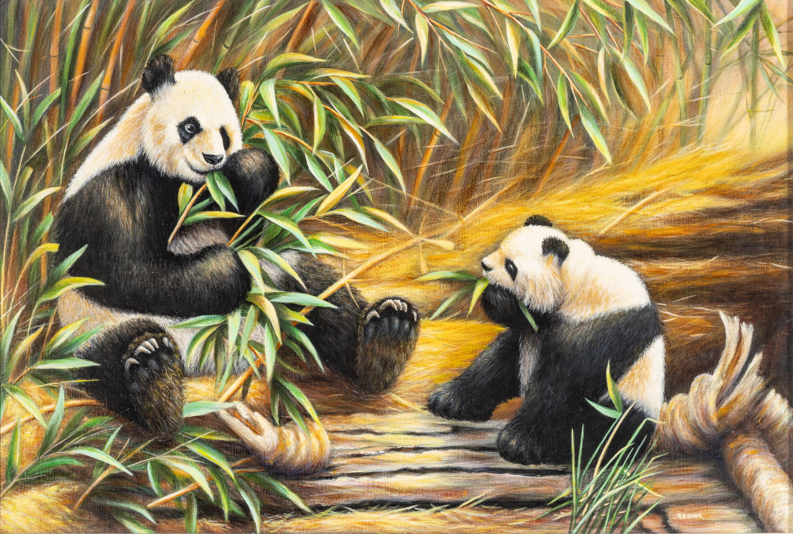 Regina Engelhardt (Polish/ American, 1929-2024) Oil on Canvas Board 'Pandas', H 24" W 36" (1 of 7)