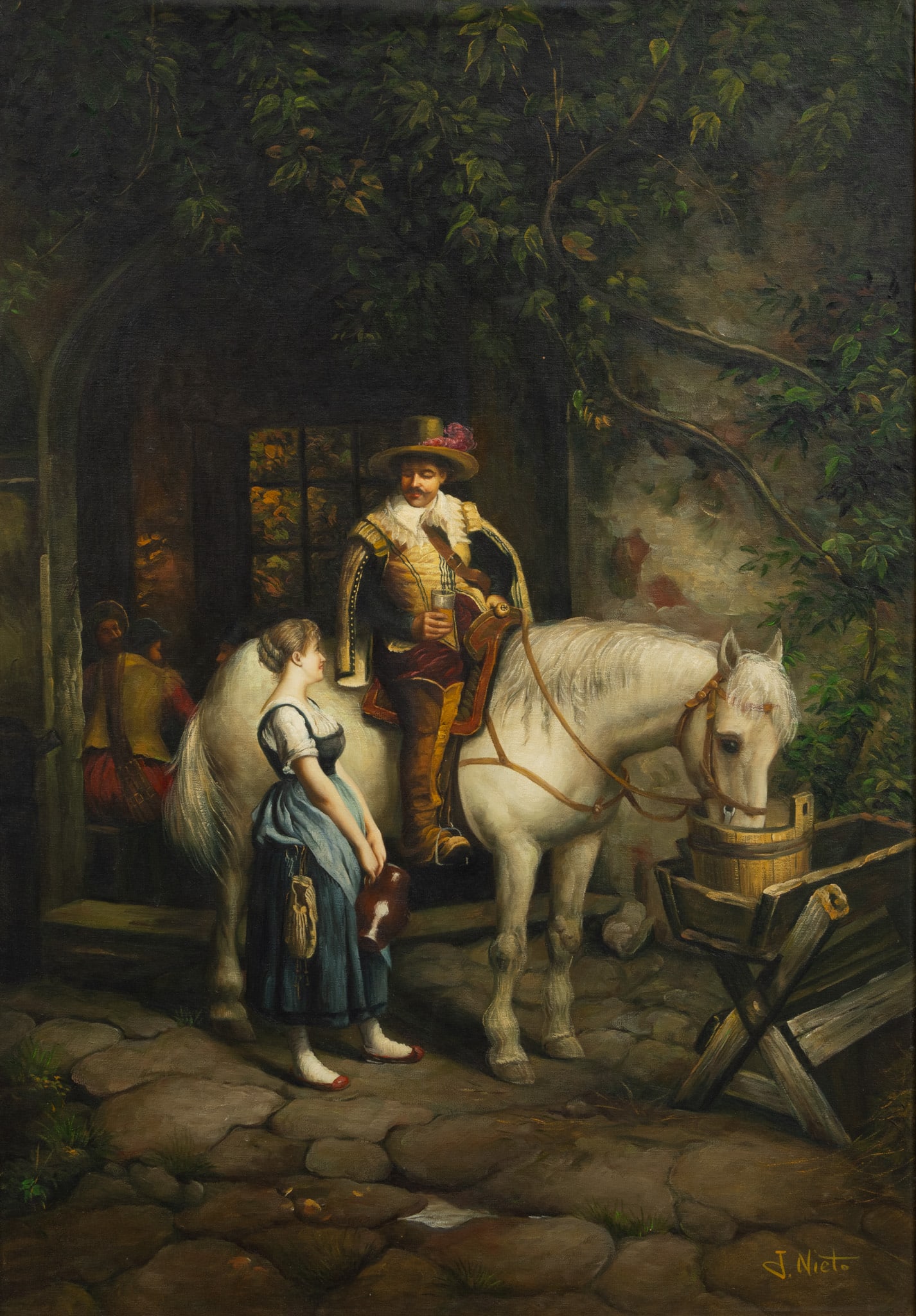 After Emil Rau, Oil on Canvas '"A Stop by the Tavern"', H 36" W 27" (1 of 6)