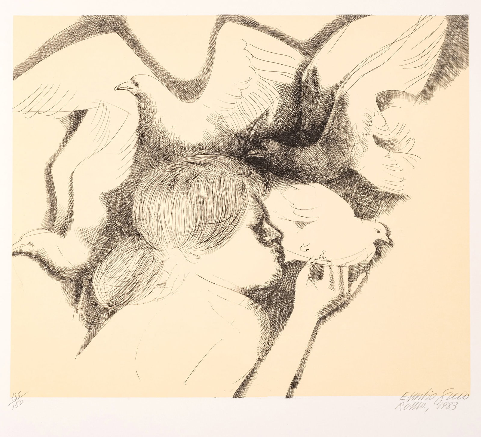 Emilio Greco (Italian, 1913-1995) Etching on Paper 1983, 'Dove of Peace': Emilio Greco (Italian, 1913-1995) Etching on Paper 1983, 'Dove of Peace' Signed in pencil lower right, dated and numbered 135/150, with full margins. Provenance: From the Estate of Prominent Prints & 