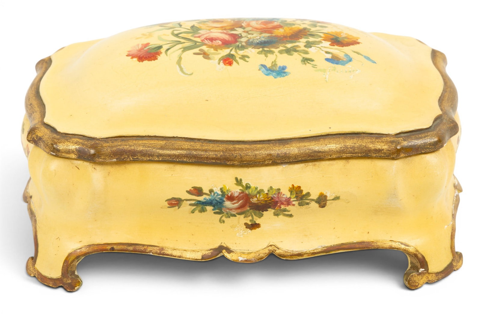 Italian Florentine Style Painted Wood Dresser Box 20th Cent., H 5" W 9" L 8": Italian Florentine Style Painted Wood Dresser Box 20th Cent., H 5" W 9" L 8" Floral bombe lid with gilt beveled edge. Four scroll feet. Provenance: Property of a Grosse Pointe Park, MI private collect