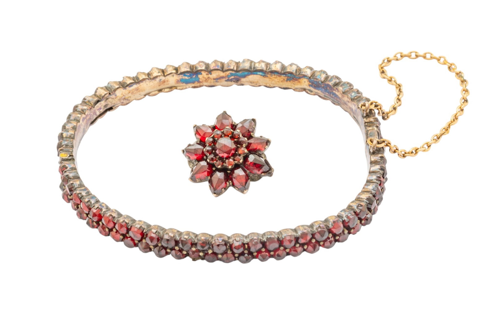 Garnet and Silver Bangle Bracelet + Small Silver Brooch 1920, W 2.2" 15 g 2 PCS (1 of 5)