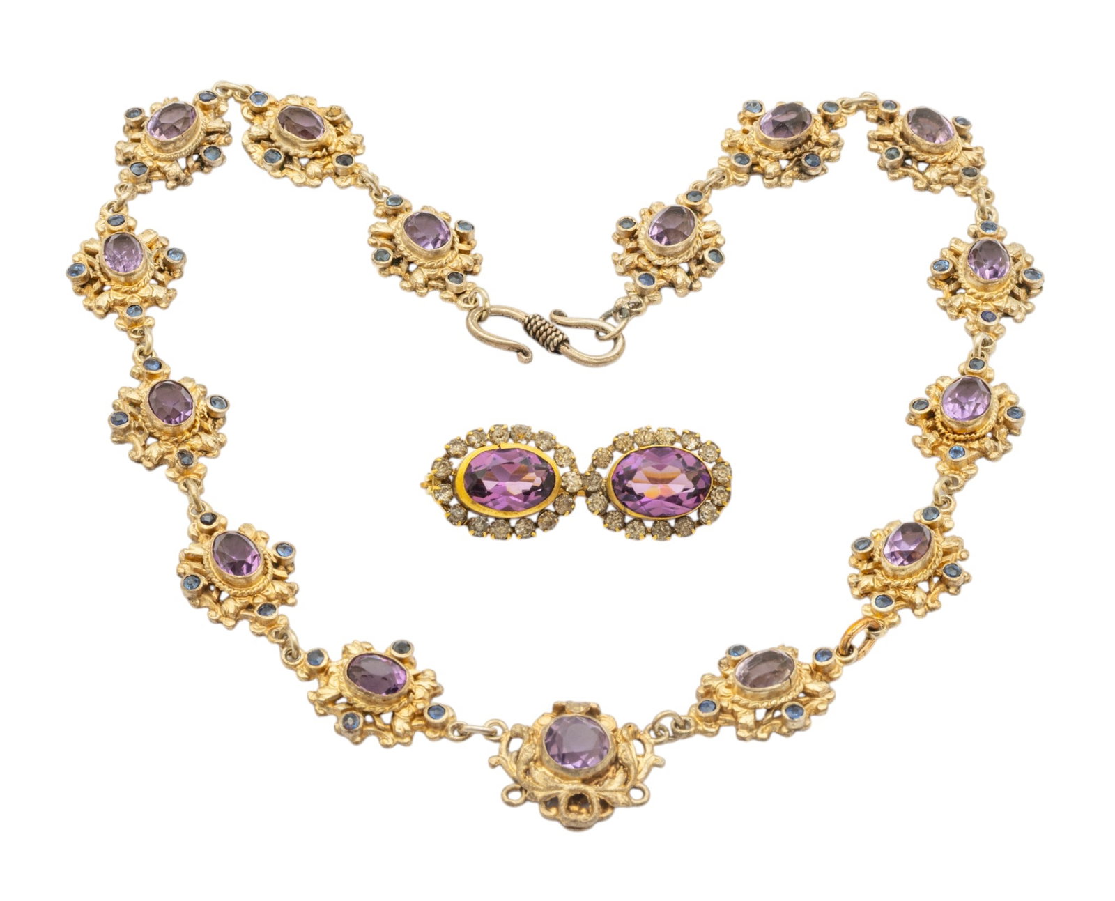 Austro Hungarian 800 Silver Necklace (15 Amethyst)," + Bar Pin L 14" 35 g 2 PCS (1 of 8)