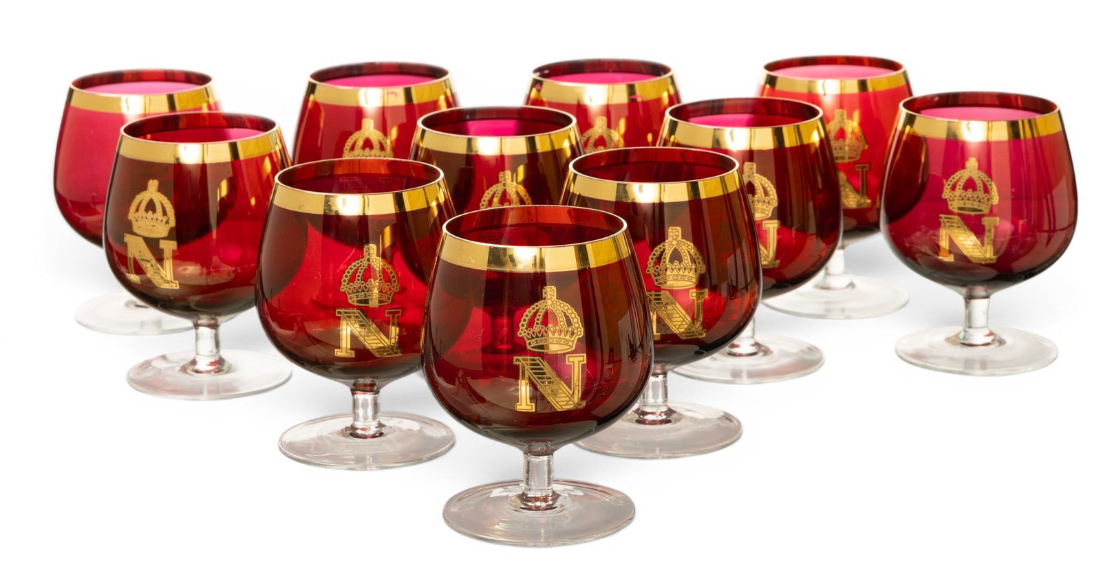 Red Crystal Brandy Snifters, Napoleonic H 5" Dia. 4" 11 PCS: Red Crystal Brandy Snifters, Napoleonic H 5" Dia. 4" 11 PCS "N" in gold under crown. Gold border. Provenance: Property of a Prominent Grosse Pointe Shores Mi. estate. Dimensions: H 5" Dia 4" 11 