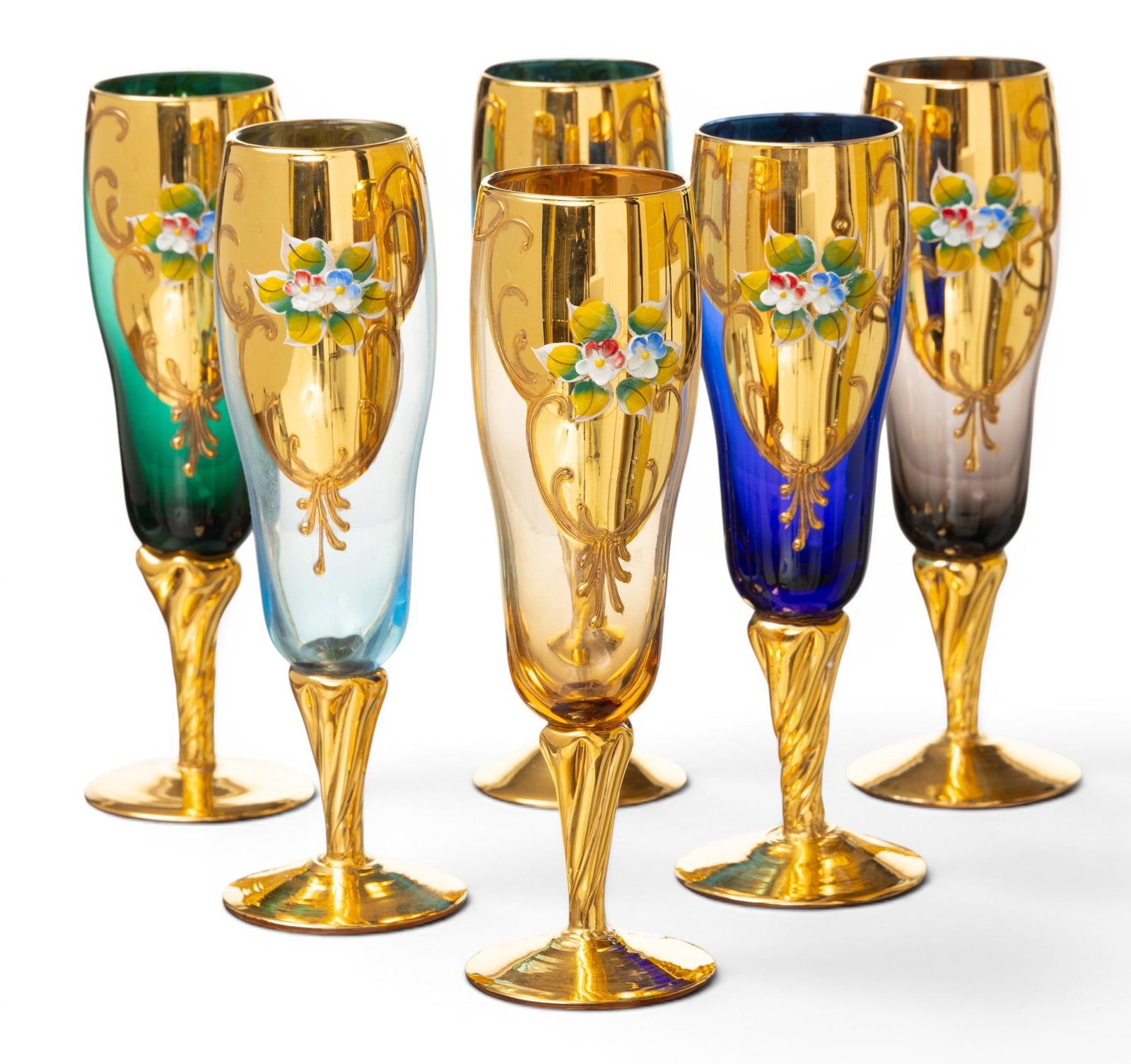 Italian Murano Crystal Champagne Stems: Raised Flowers, Red, Blue, Green H 7.5" Dia. 2.5" 6 PCS (1 of 5)