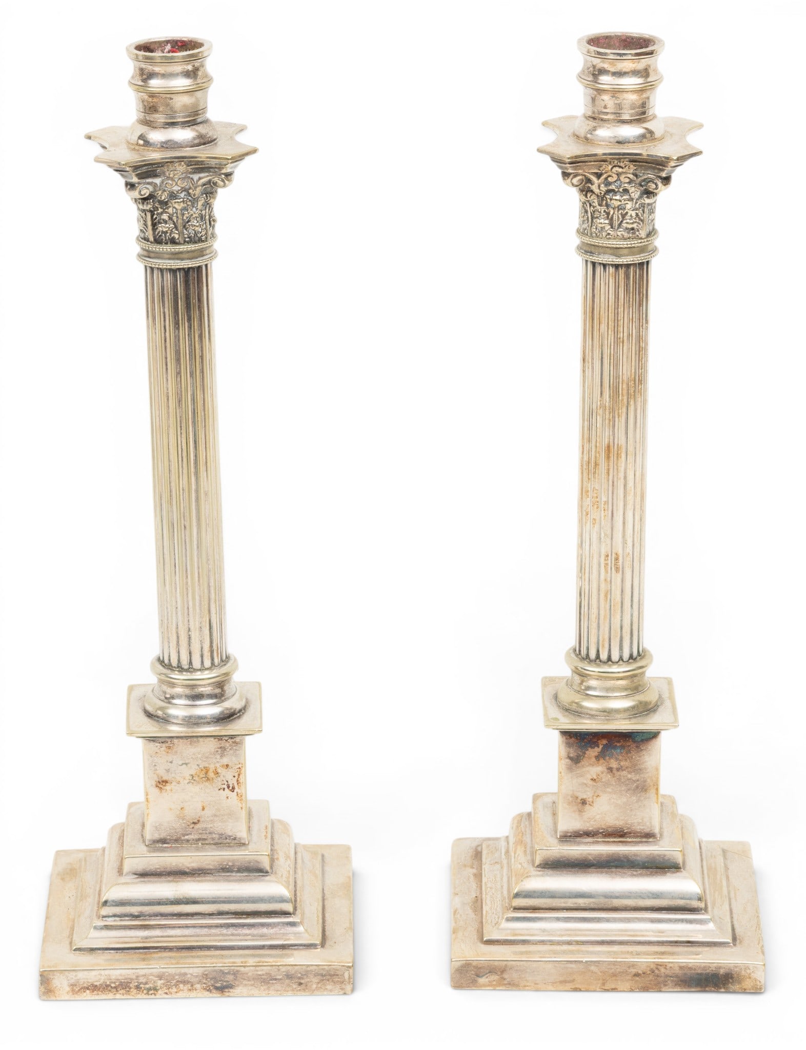 English Georgian Style Silver Plate Candlesticks Early 20th C., H 13.5" 1 PAIR (1 of 3)