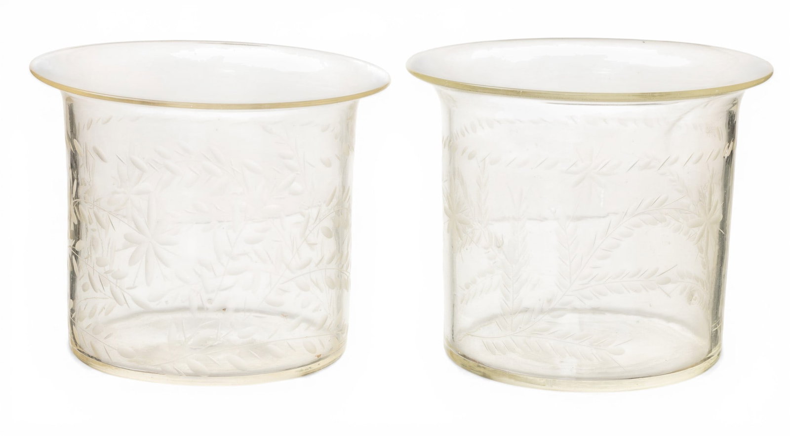 Pair of Antique Hand-Etched Blown Glass Champagne Urns 1800, H 6.5" Dia. 8" 1 PAIR (1 of 3)