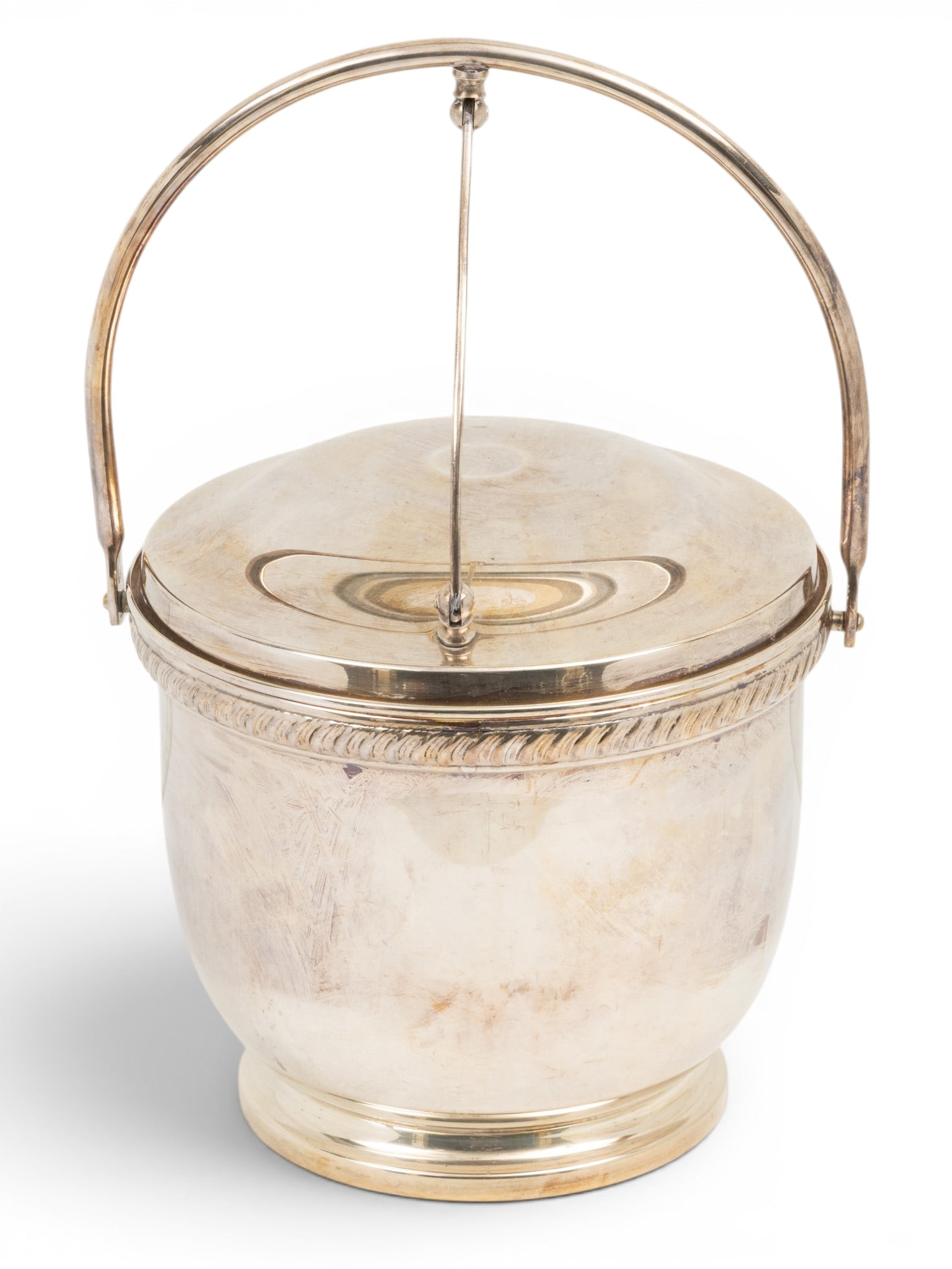 Silver Plate Ice Bucket with Hinged Handle, H 12", Gadroon Border, Plastic Lined (1 of 6)