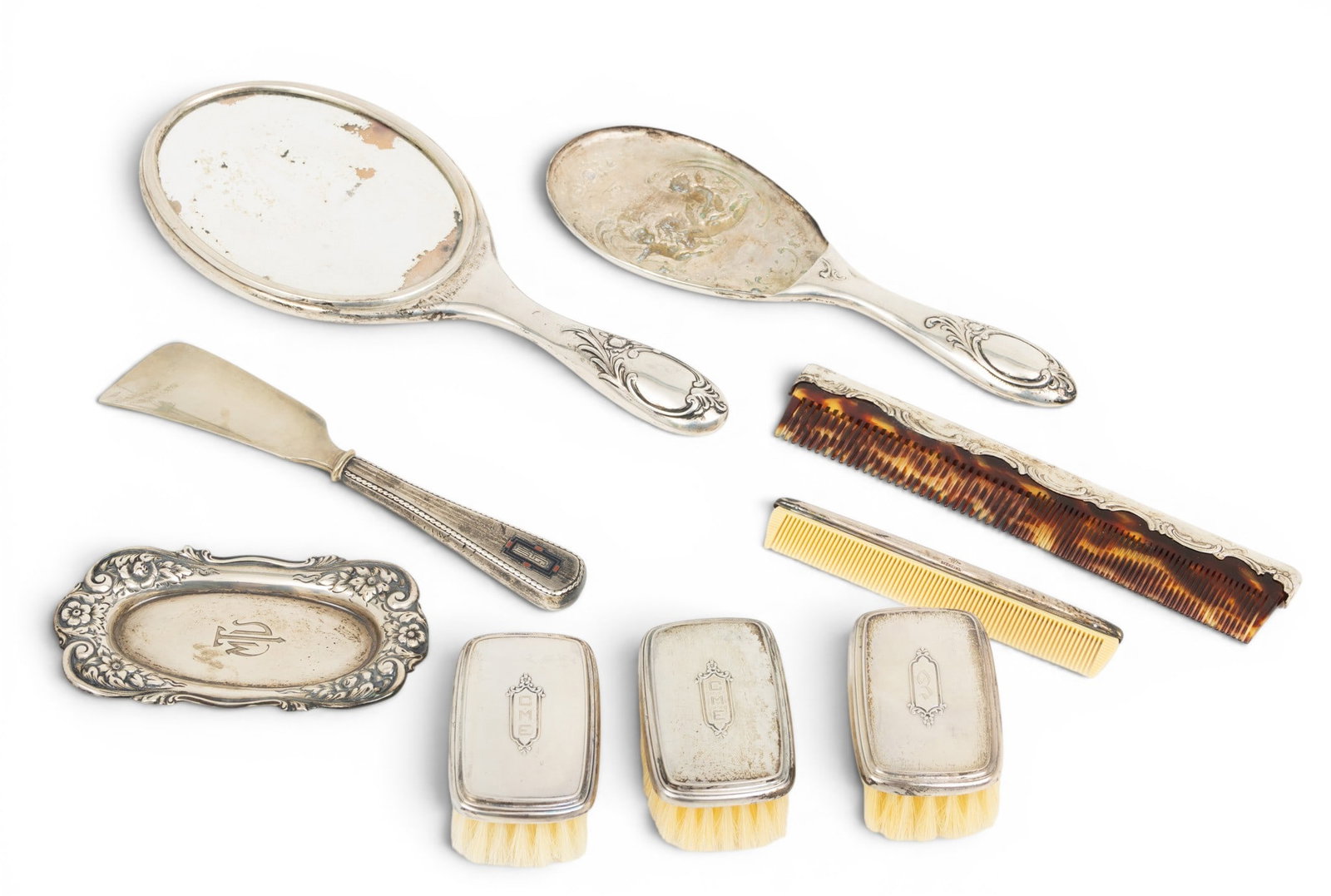 Sterling Silver Assorted Dresser Pieces: Baby Brushes (3), Hand Mirror, Combs, Shoe Horn, Pin Tray 9 (1 of 5)