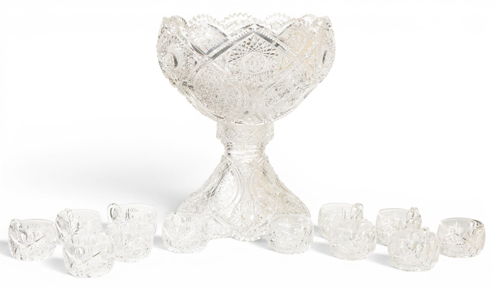 American Brilliant Cut Glass Punch Bowl (as Is) on a Stand and 12 Accompanying Punch Cups 1900, H (1 of 6)