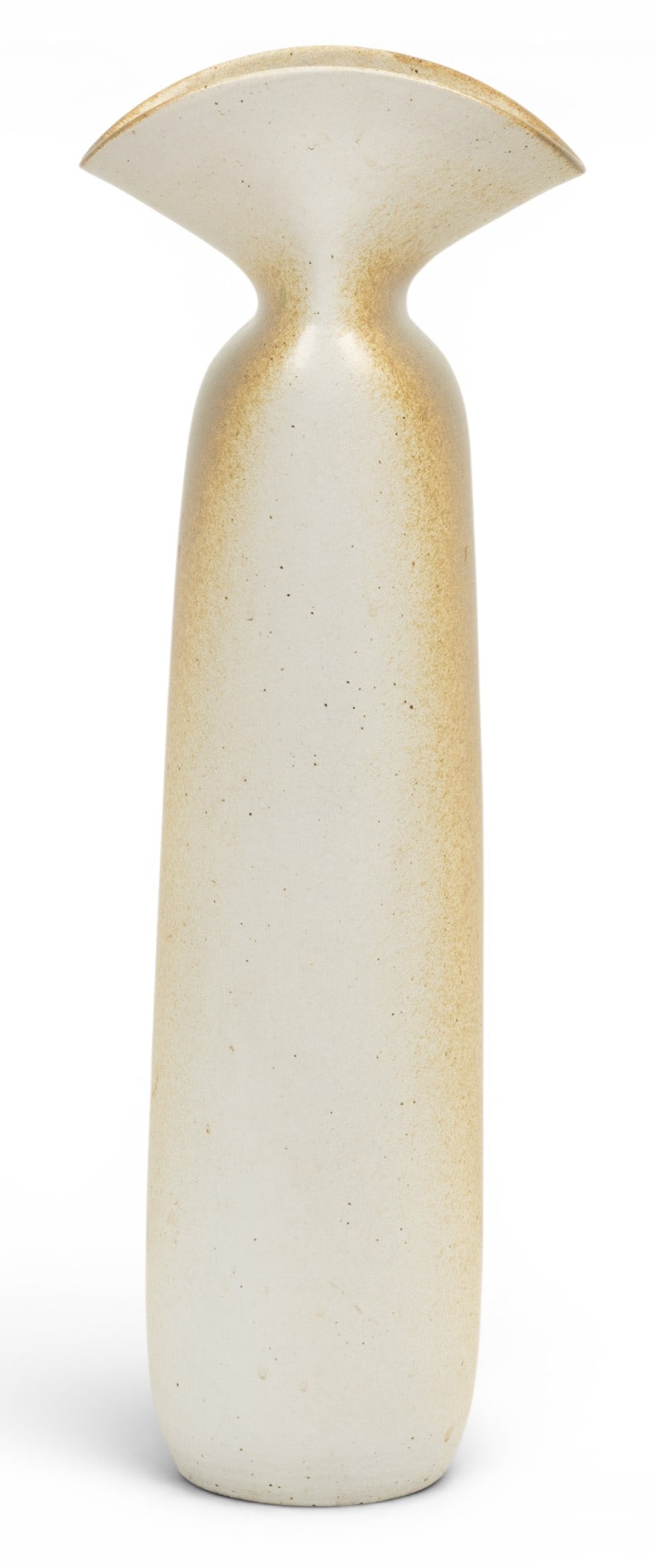 American Art Pottery Vase, 20th C., H 20" Dia. 7" 1 PC: American Art Pottery Vase, 20th C., H 20" Dia. 7" 1 PC Indiscernibly signed on the underside. Cylindrical body with a pinched neck and flared rim. Beige and tan glaze. Provenance: Property from