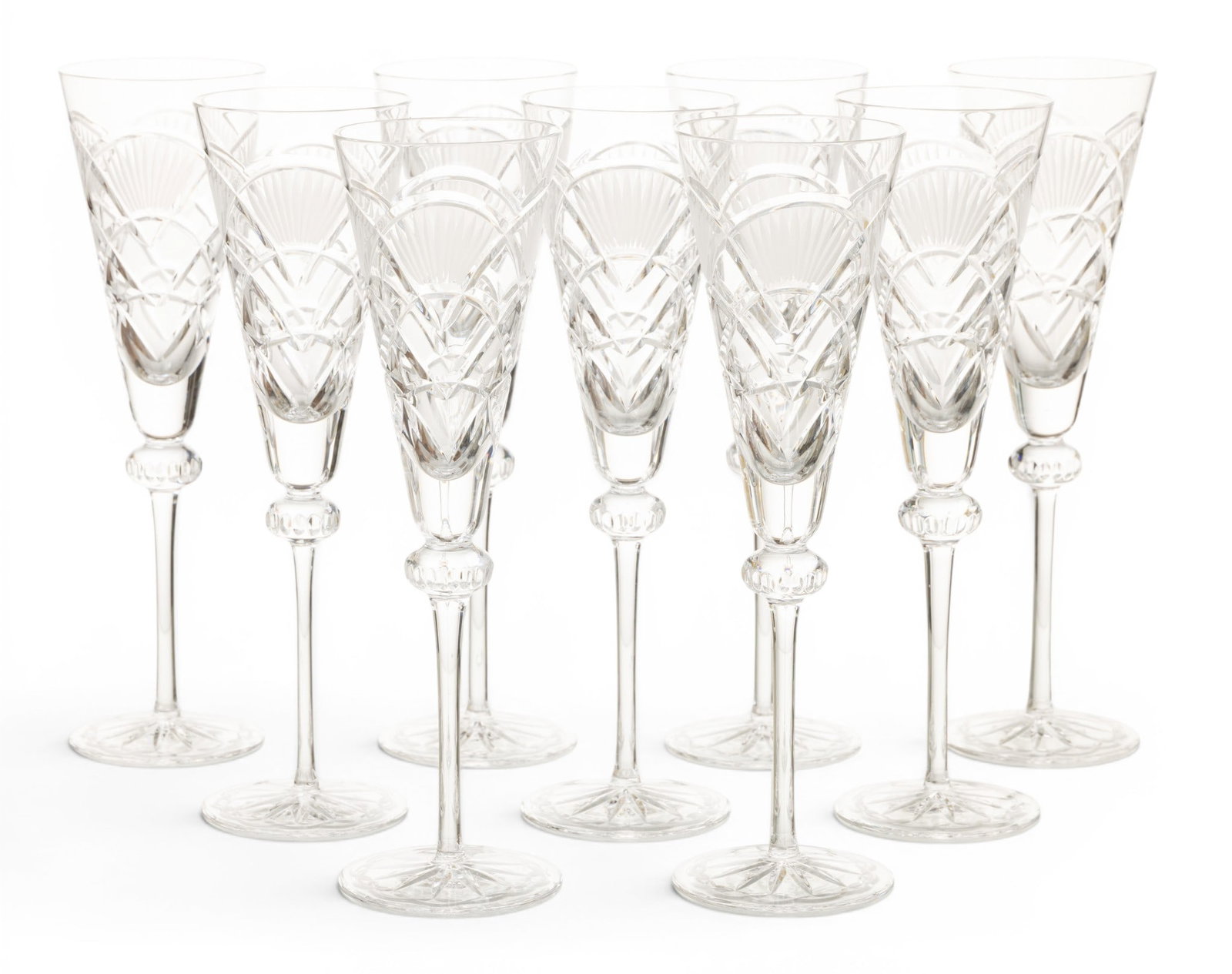 Crystal Flutes, Hand Cut Fan Design H 9.7" Dia. 3" 9 PCS: Crystal Flutes, Hand Cut Fan Design H 9.7" Dia. 3" 9 PCS High stems with star cut bases. Probably Czechoslovakia. Provenance: Property of a Prominent Grosse Pointe Shores Mi. estate.
