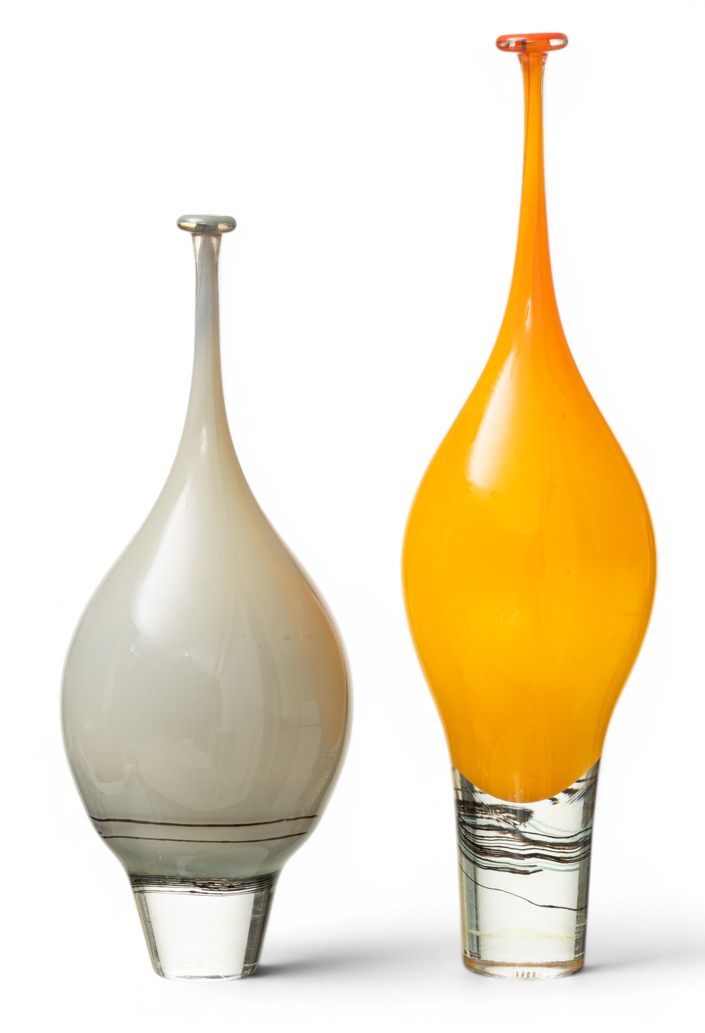 Max Leser (Canadian, B. 1959) Hand Blown Art Glass Stick Neck Vases, 1980, 2 PCS: Max Leser (Canadian, B. 1959) Hand Blown Art Glass Stick Neck Vases, 1980, 2 PCS Both piece signed and dated at the bases. One is orange with clear base, H 15½", bold black lines in clear cryst