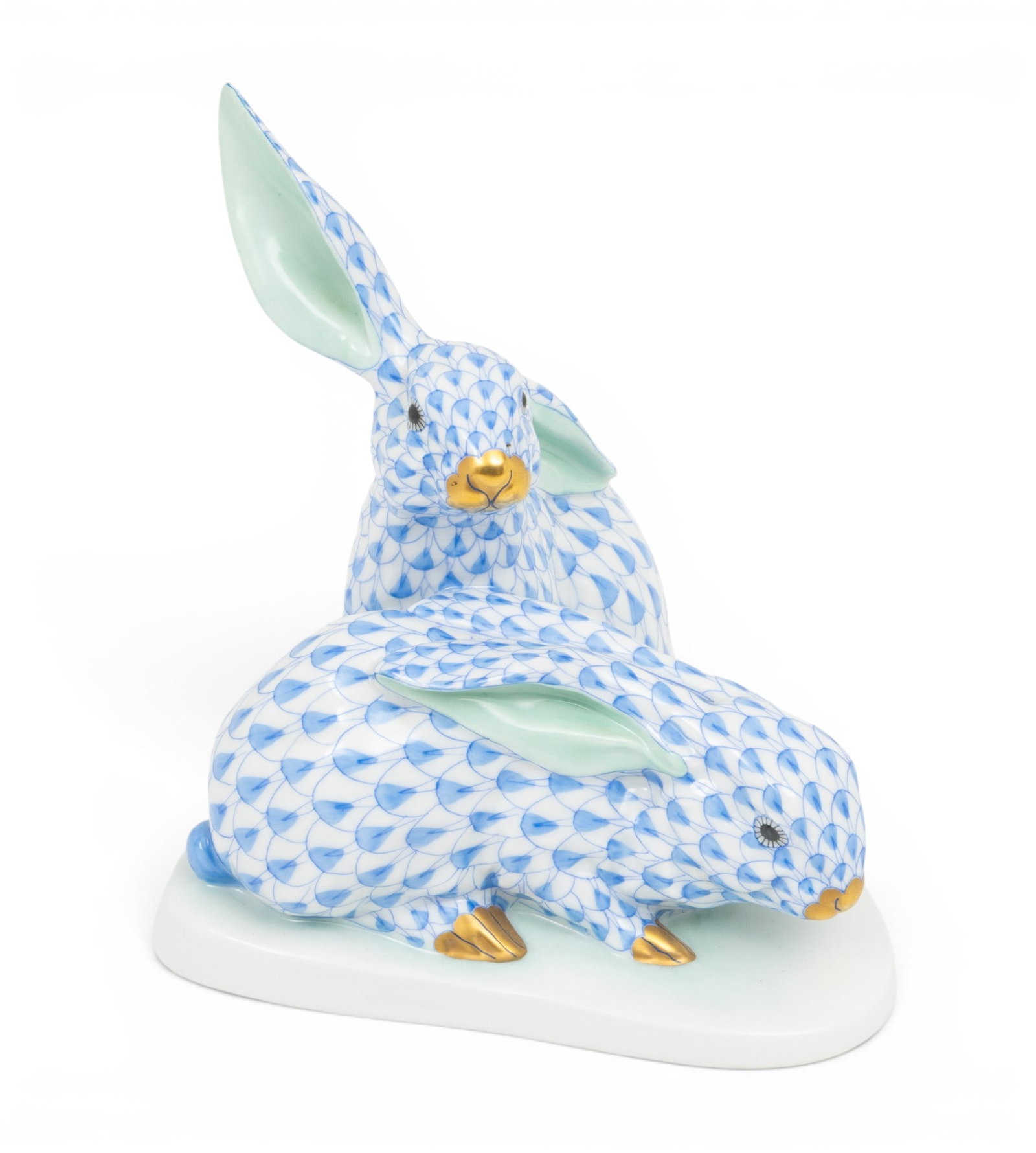 Herend, Porcelain Rabbit Duo H 5.75" W 5" L 4.5" 1 PC: Herend, Porcelain Rabbit Duo H 5.75" W 5" L 4.5" 1 PC Blue fish net design. Provenance: Property from the Collection of Marianne Endicott, Grosse Pointe Shores, MI Dimensions: H 5.75" W 5" L