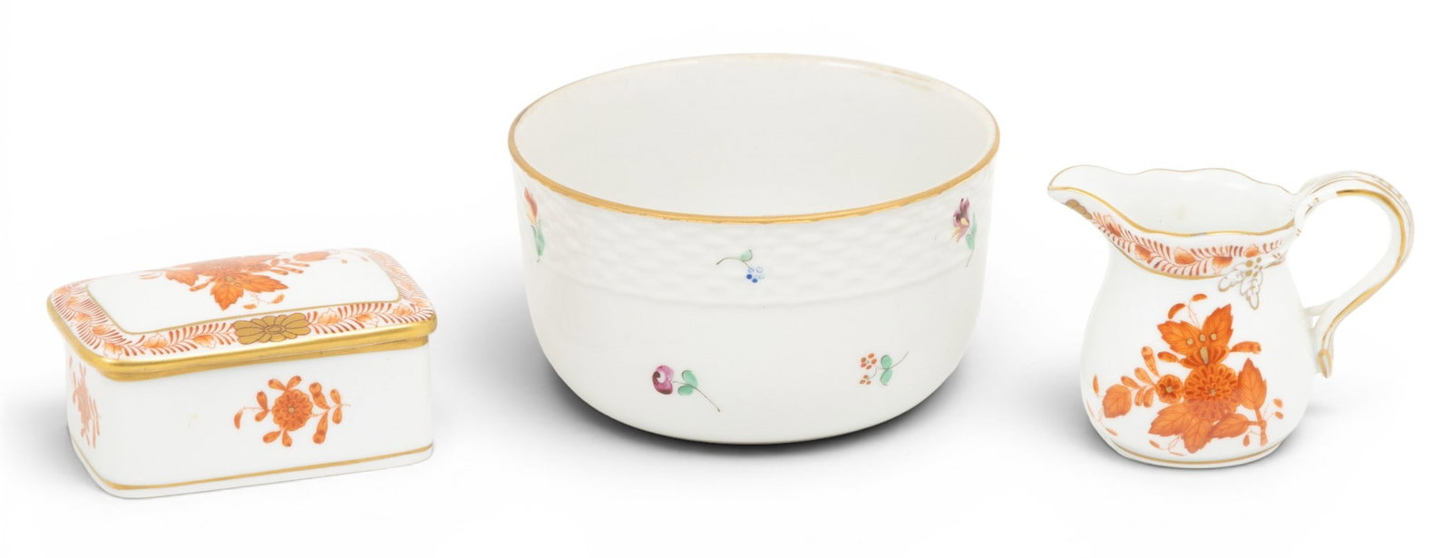 Herend (Hungary) Porcelain 3 PCS: Herend (Hungary) Porcelain 3 PCS Includes an open sugar in the Printemps pattern and a small creamer and covered box in the Chinese Bouquet pattern. Provenance: From the Estate of Frank Isbey, b