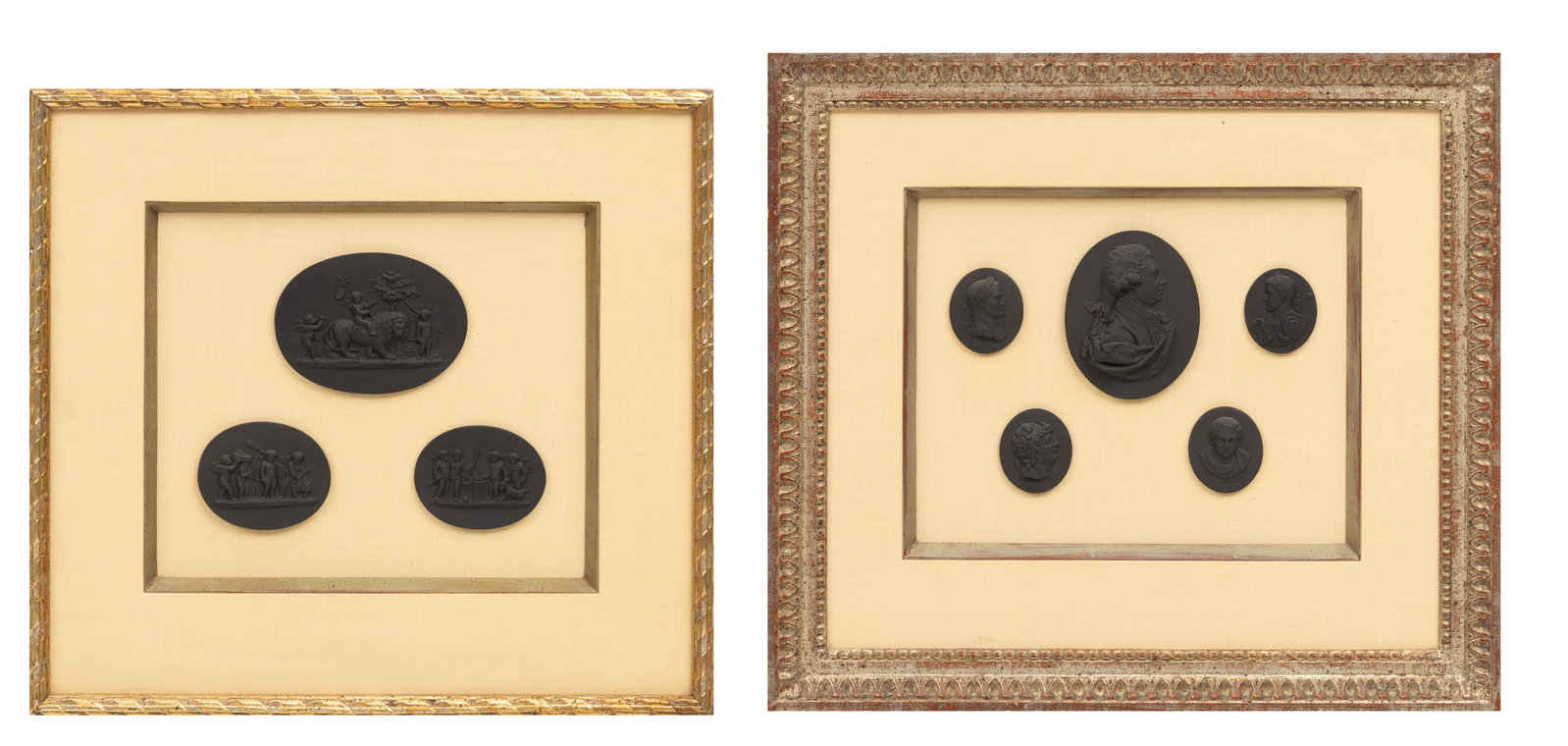 Wedgwood Eight Black Basalt Medallions Mounted in Two Picture Frames: Wedgwood Eight Black Basalt Medallions Mounted in Two Picture Frames Ranging from 3½" to 2". One frame containing a central medallion of a late 18th century nobleman surrounded by four medallio