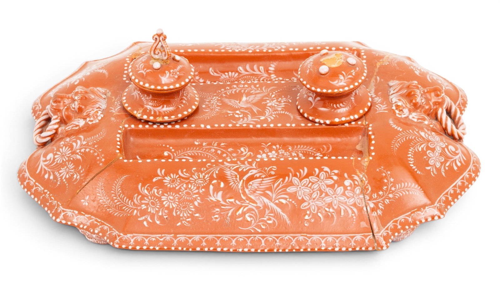 Antoine Montagnon (Nevers, France) Faience Terracotta Ink Stand, Late 19th/early 20th C., H 4" W (1 of 5)