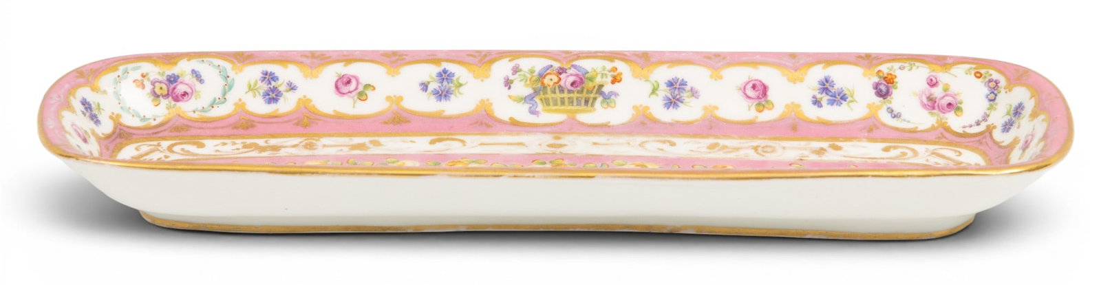 Derby (English) Porcelain Elongated Dish 1800-1810, W 3" L 9": Derby (English) Porcelain Elongated Dish 1800-1810, W 3" L 9" Two bands of pink and white with rose motif. Fired gold highlights. Provenance: Property from the Collection of Marianne Endicott, Grosse 