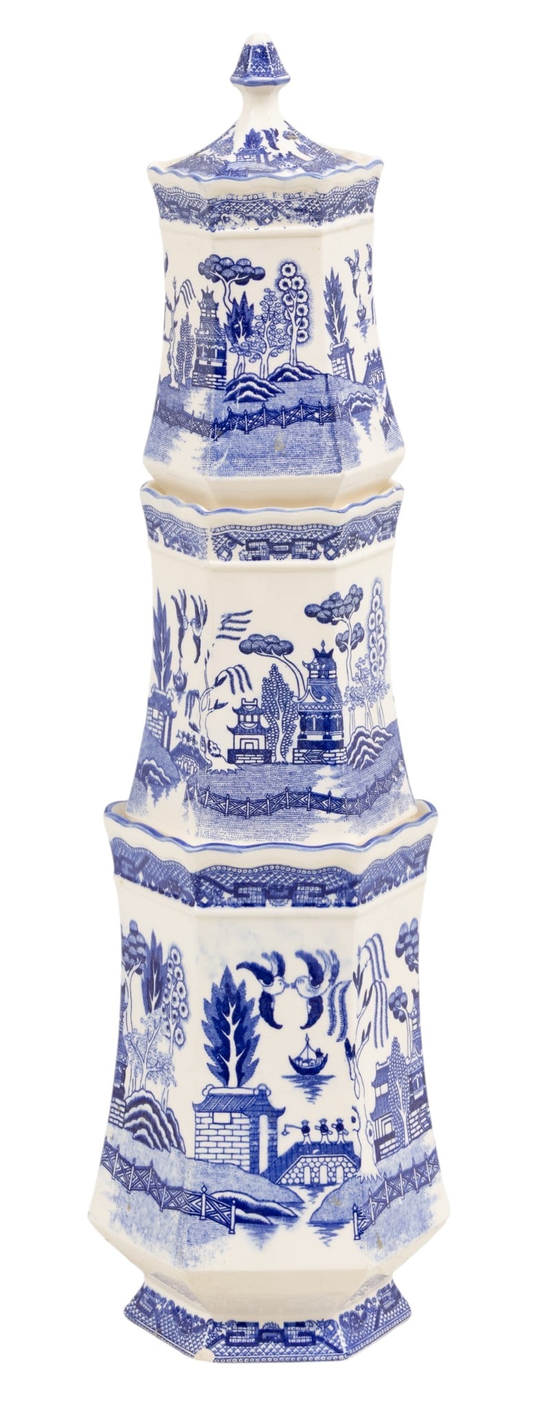 Porcelain Blue and White Blue Willow Three-tiered Cannisters 2 PCS (1 of 3)
