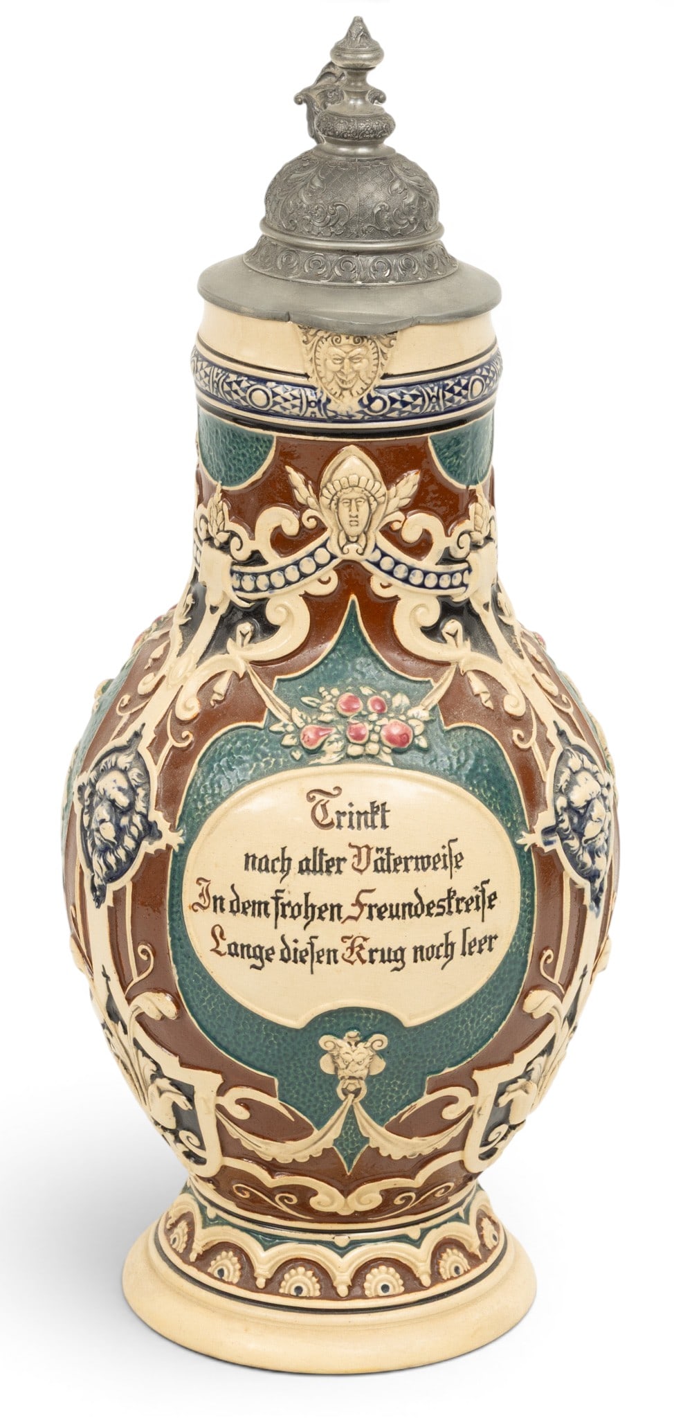 Dümler & Breiden (German) Glazed Ceramic Beer Stein, Early 20th C., H 16.25" Dia. 7.75" (1 of 5)