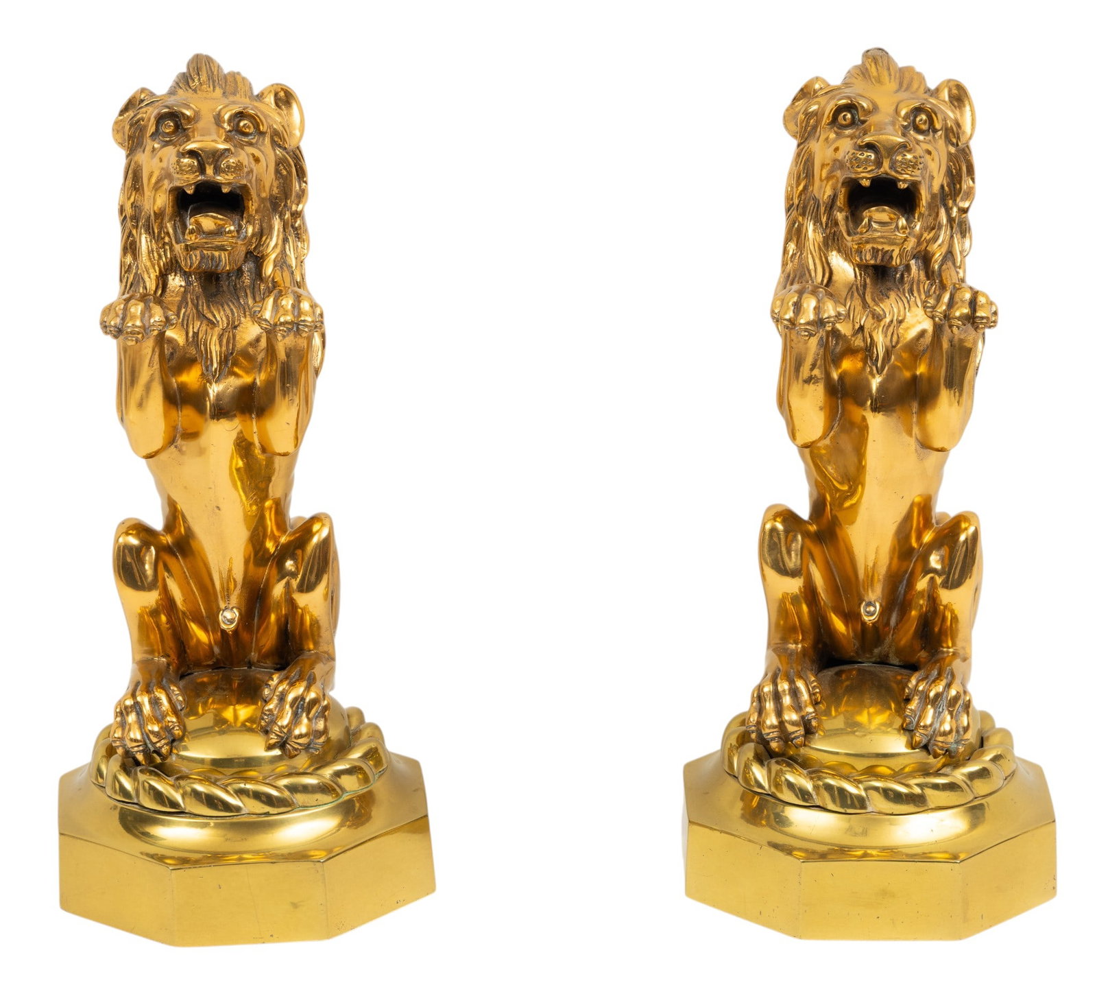 Brass Lions with Upraised Paw, Ca. 20th C., H 13" W 7" 1 PAIR: Brass Lions with Upraised Paw, Ca. 20th C., H 13" W 7" 1 PAIR Each seated up on its rear haunches with forepaws raised up; on octagonal bases. Provenance: Property from a West Bloomfield, MI pri