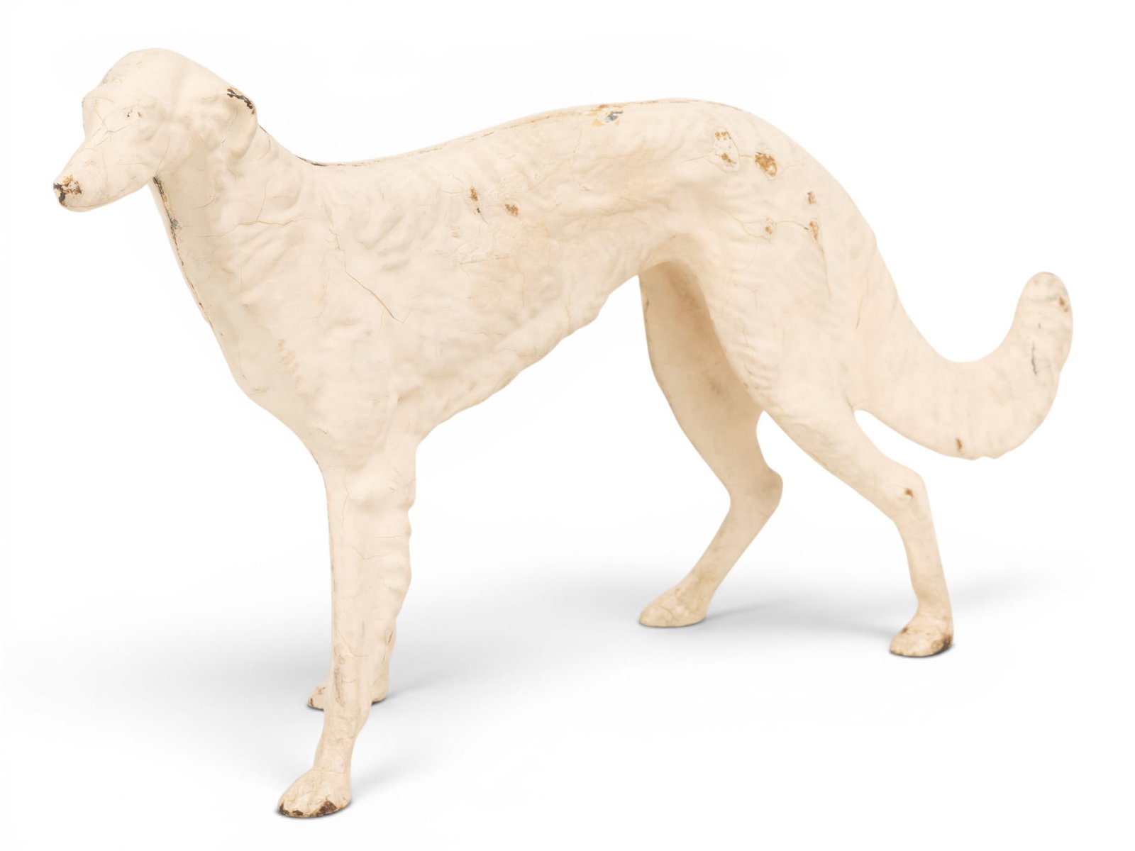Russian Cast Iron Figure of Wolfhound Originally Used As Doorstop 1900, L 16": Russian Cast Iron Figure of Wolfhound Originally Used As Doorstop 1900, L 16" Painted white. Provenance: Property from the Collection of Marianne Endicott, Grosse Pointe Shores, MI Dimensions: L