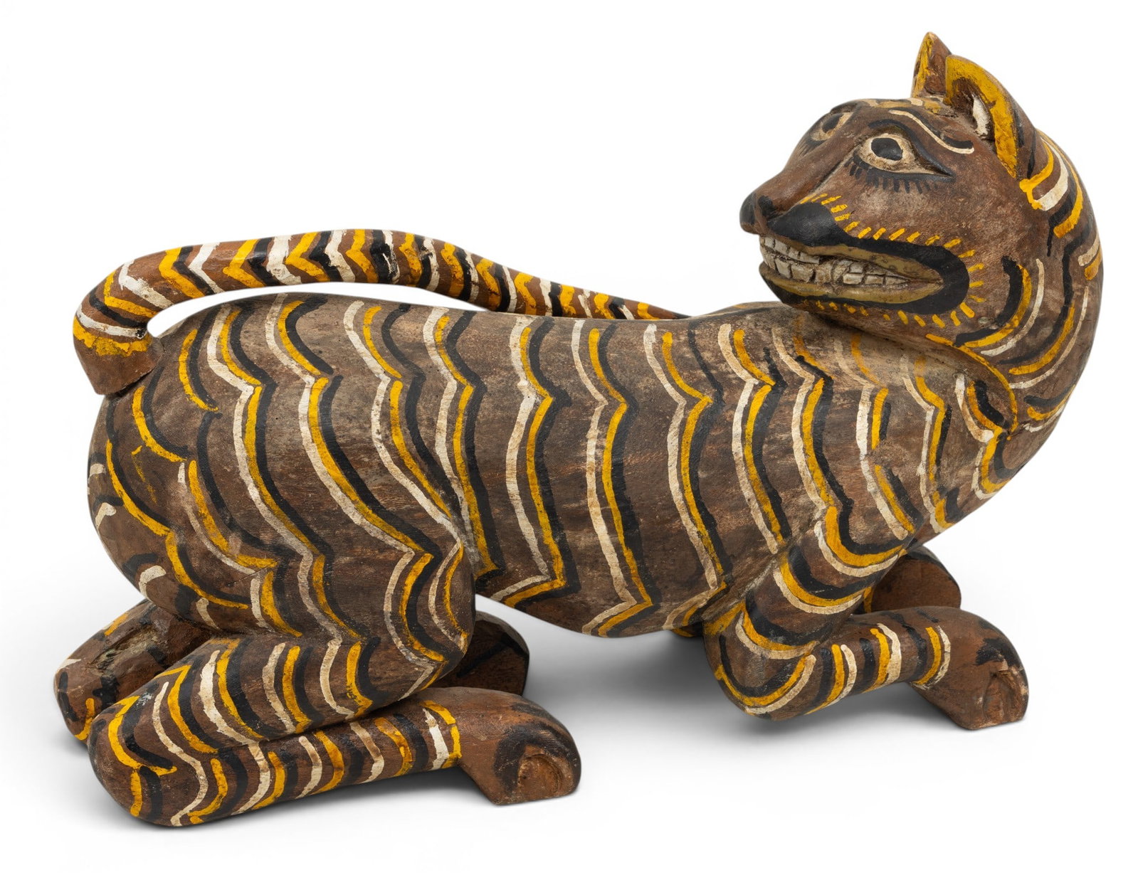 Primitive Carved and Painted Tiger Sculpture, H 14.25" W 5.5" L 22" (1 of 5)