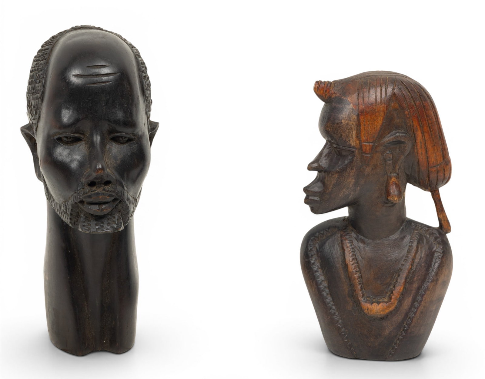 African Hand Carved Wood Heads H 7", 8" 2 PCS (1 of 4)