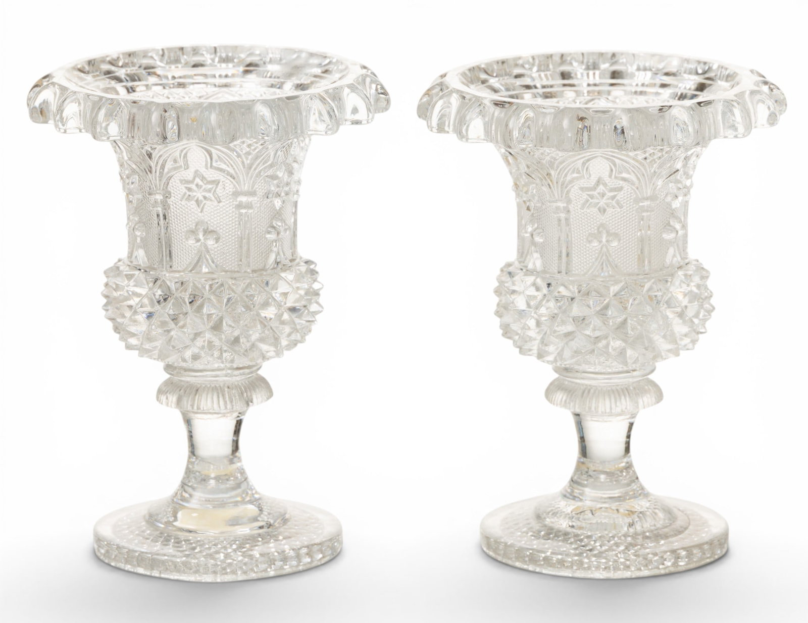Antique Glass Small Vases Pair, Everted Rim, Stippled Antique, H 5.5" 1 PAIR: Antique Glass Small Vases Pair, Everted Rim, Stippled Antique, H 5.5" 1 PAIR With an everted rim and a stippled ground. Pedestal bases. Provenance: Property from the Collection of Marianne Endic