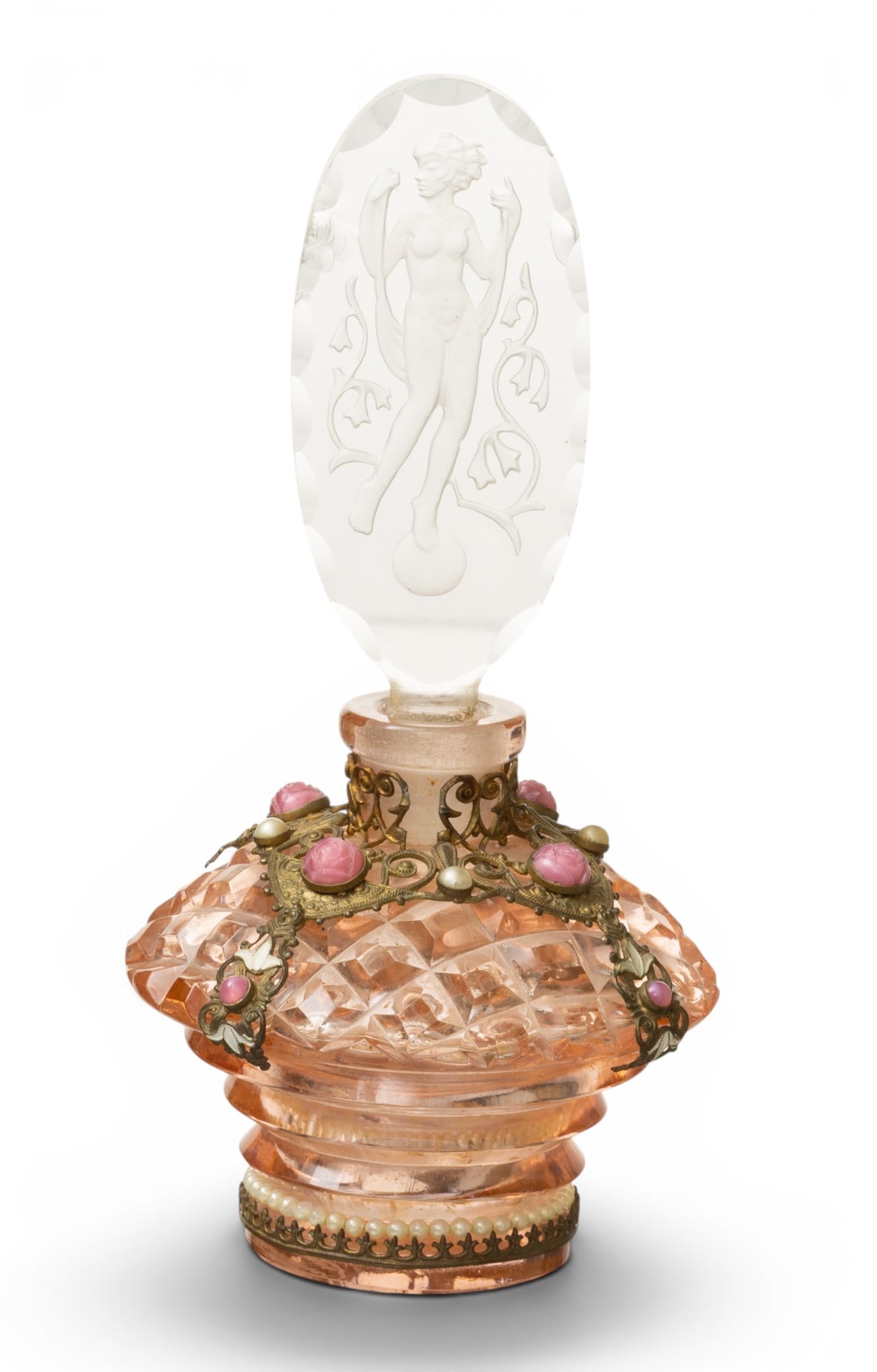 Czechoslovakian Crystal Perfume Bottle with Elongated Stopper Circa 1930, H 6" Dia. 3" (1 of 6)
