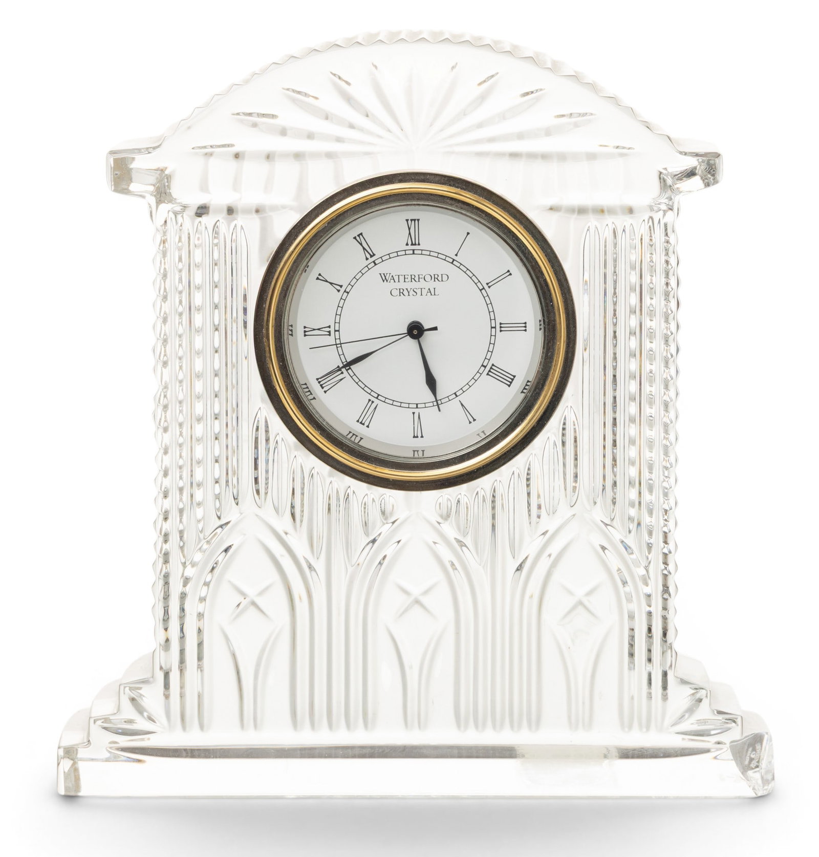 Waterford (Irish) Crystal Westminster Clock H 7" W 6" Depth 2": Waterford (Irish) Crystal Westminster Clock H 7" W 6" Depth 2" Gold tone bezel, Roman numeral dial. Waterford acid stamp on underside. Provenance: Property from the Collection of Marianne Endico