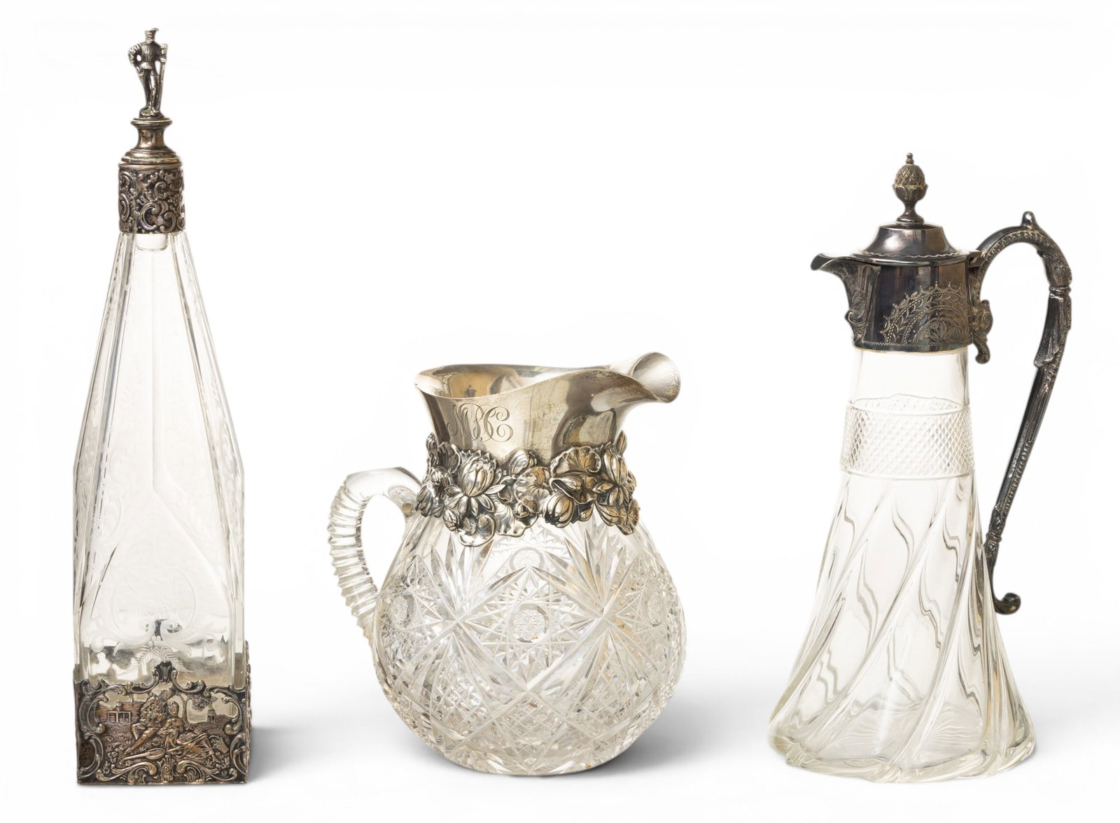 Cut Crystal and Silver Decanters and Pitcher, Ca. 19th C., 3 PCS (1 of 10)