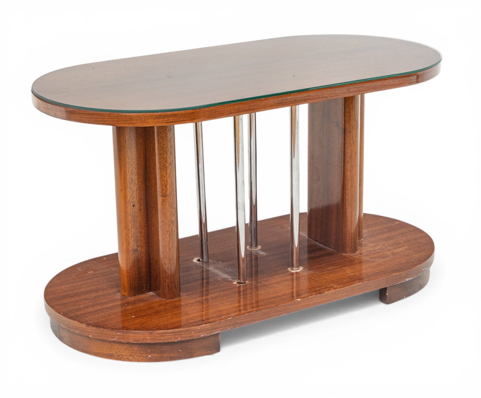 Art Deco Style Mahogany and Stainless Steel Oval Table 1960, H 21" W 20" L 39" 1 PC: Art Deco Style Mahogany and Stainless Steel Oval Table 1960, H 21" W 20" L 39" 1 PC Two opposing clusters of mahogany tubes attach base to top and are separated by four center stainless steel tubular 