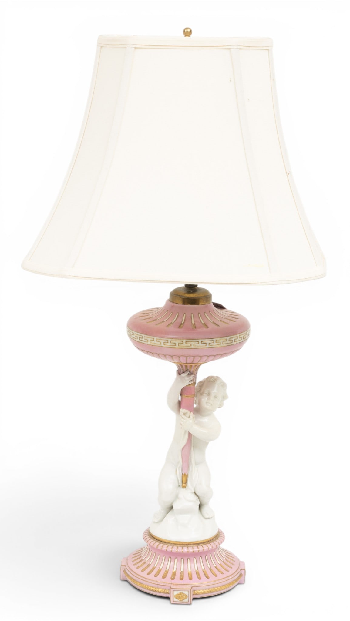 English Porcelain Table Lamp, Oil Lamp Base, Cherub in Relief H 32" (1 of 7)