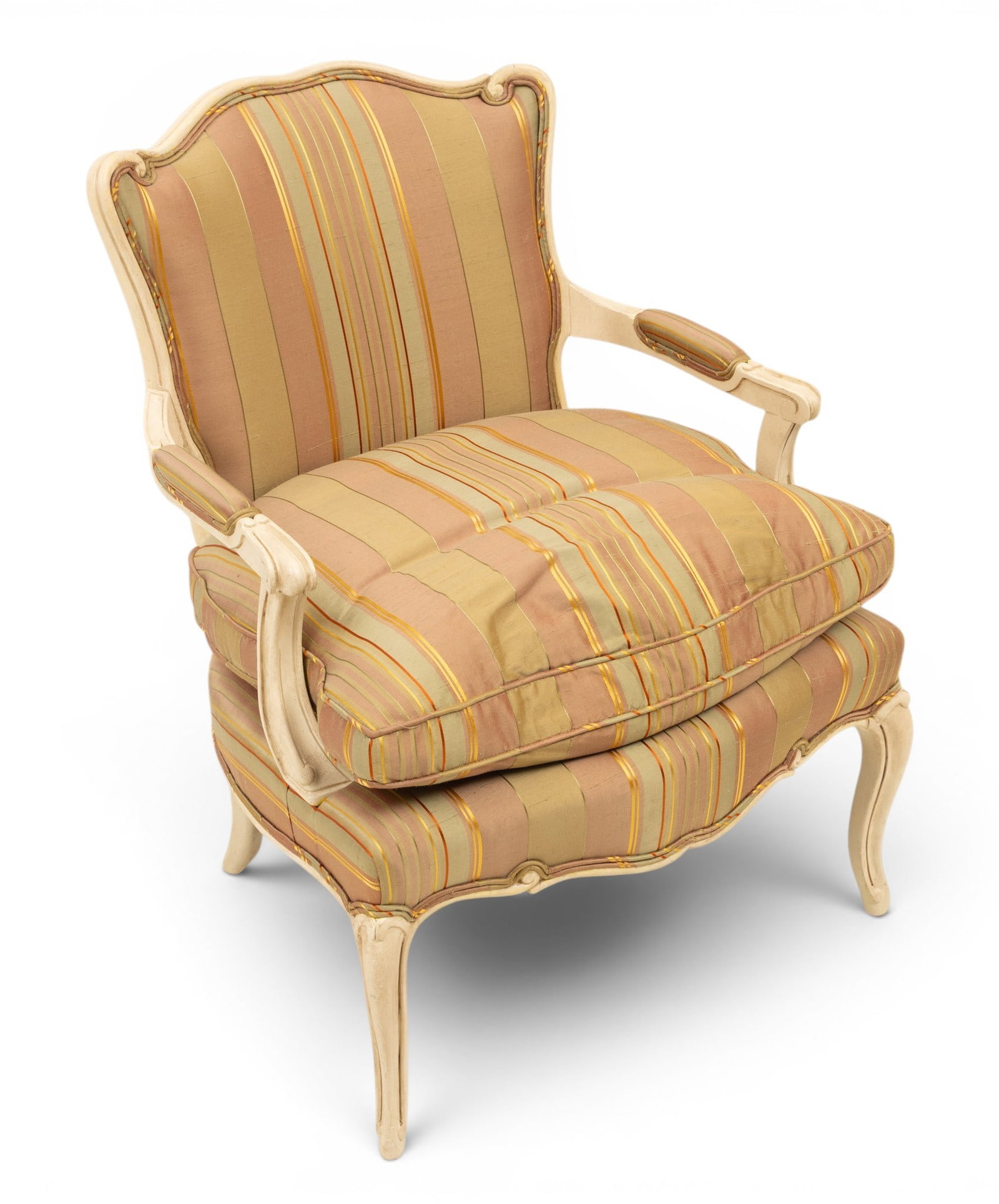 Louis XV Glazed Cream Frame Style Open Armchair, Ca. 1950: Louis XV Glazed Cream Frame Style Open Armchair, Ca. 1950 Loose seat cushion, double welt upholstery, striped fabric in silk. Provenance: Property from the Collection of Marianne Endicott, Grosse Poin
