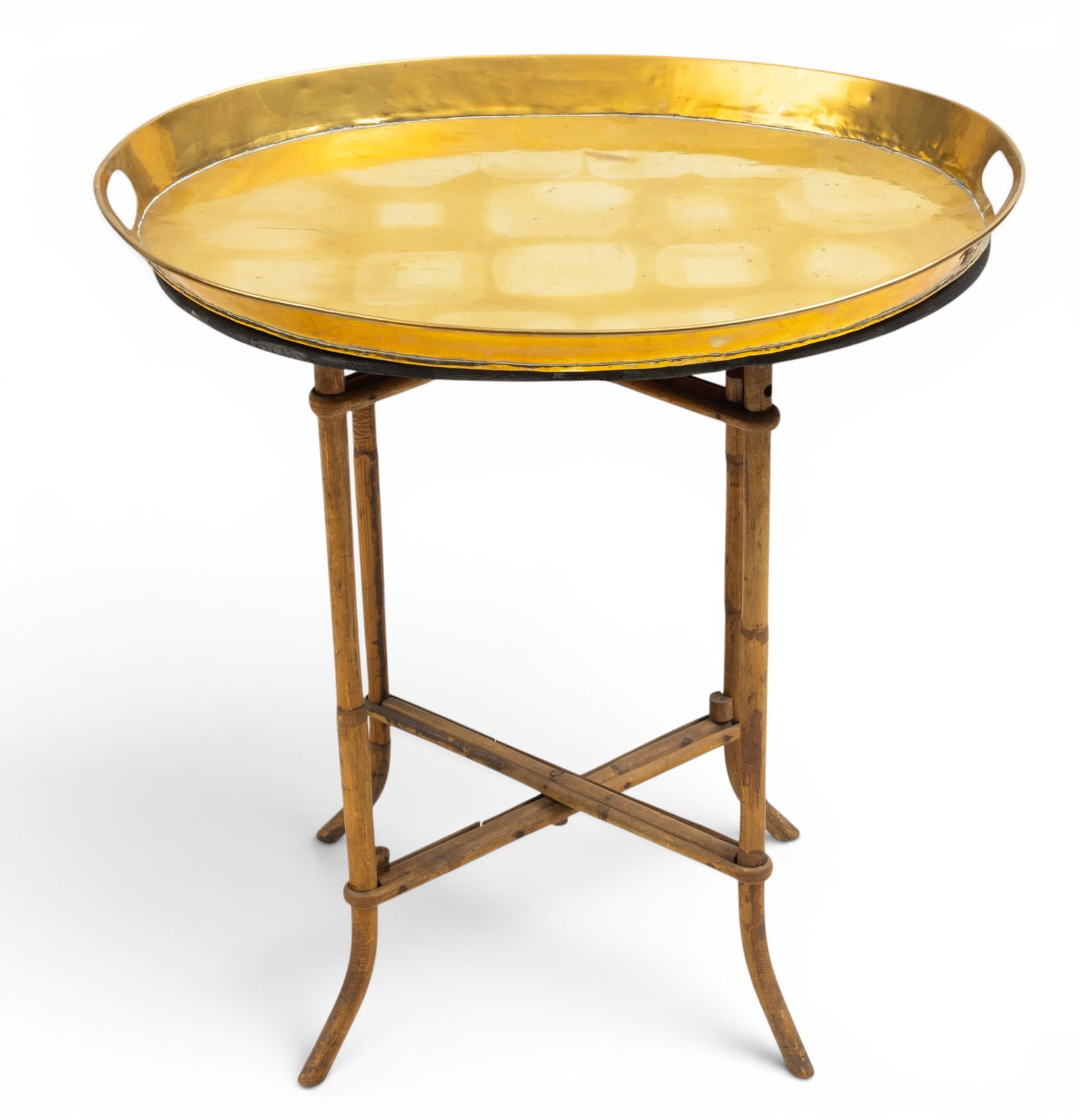 Hollywood Regency Brass and Faux Bamboo Table, Ca. 1950, H 26.5" W 25.5" Depth 20": Hollywood Regency Brass and Faux Bamboo Table, Ca. 1950, H 26.5" W 25.5" Depth 20" Having an oval shaped brass top with a handle at either end, raised on turned faux bamboo base with x-form stretcher.