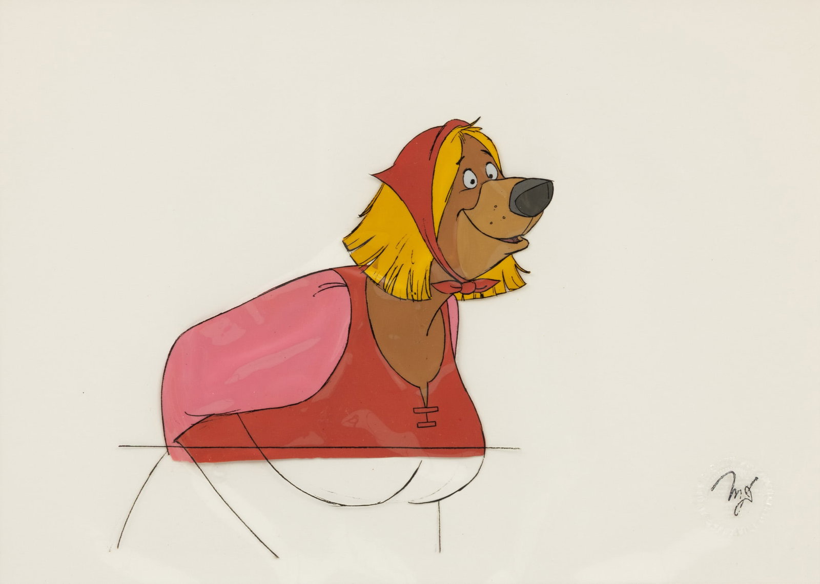 Walt Disney Studios (American) Hand Painted Animation Cel, Little John in Disguise, from the: Walt Disney Studios (American) Hand Painted Animation Cel, Little John in Disguise, from the Animated Film 'Robin Hood', Ca. 1973, H 10" W 14" Production cel from the 1973 animated film "Robin Hood". 