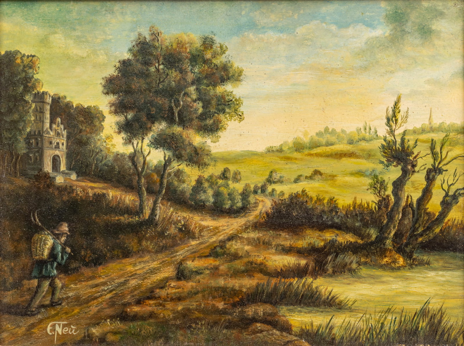 E. Neu, European Oil on Board, 20th C., 'Laborer Walking a Country Road', H 7" W 9.25" (1 of 6)