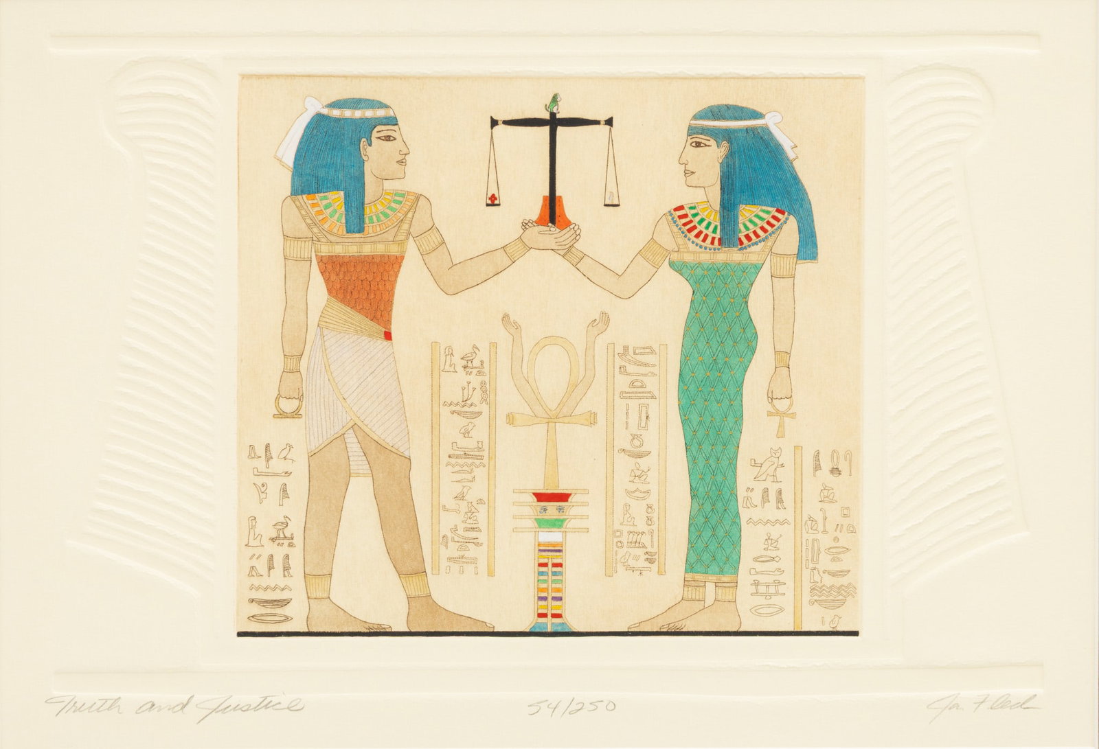 Jan & Mel Fleck Colored Etching on Paper, 'Truth and Justice', H 8.5" W 12" (1 of 7)