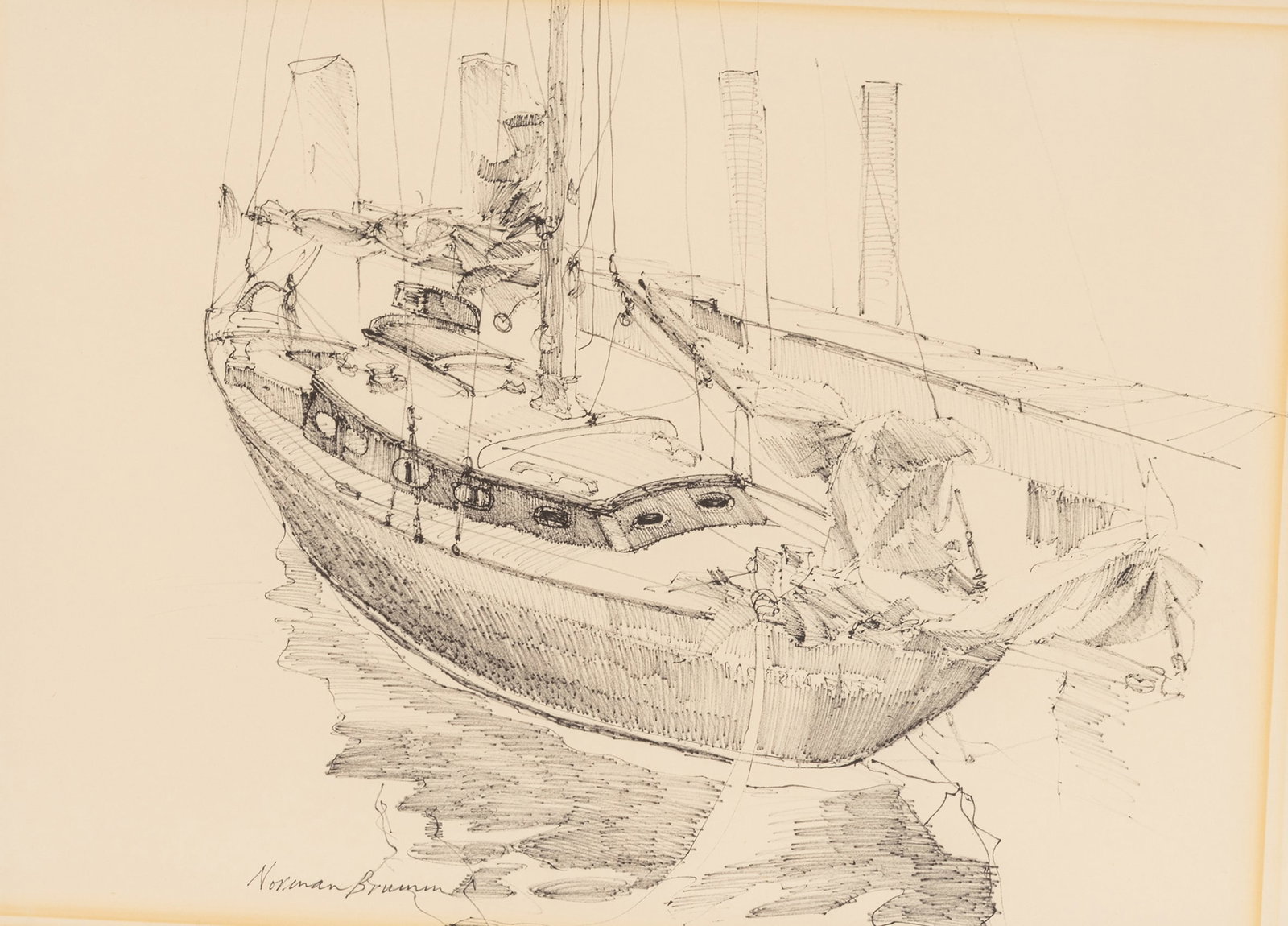 Norman Brumm (American/Michigan, 1938-2008) Ink Drawing on Paper 'Boat at Dock', H 15" W 21": Norman Brumm (American/Michigan, 1938-2008) Ink Drawing on Paper 'Boat at Dock', H 15" W 21" An ink drawing on paper of a boat at dock. Signed lower center. Framed under acrylic. Dimensions: H 1