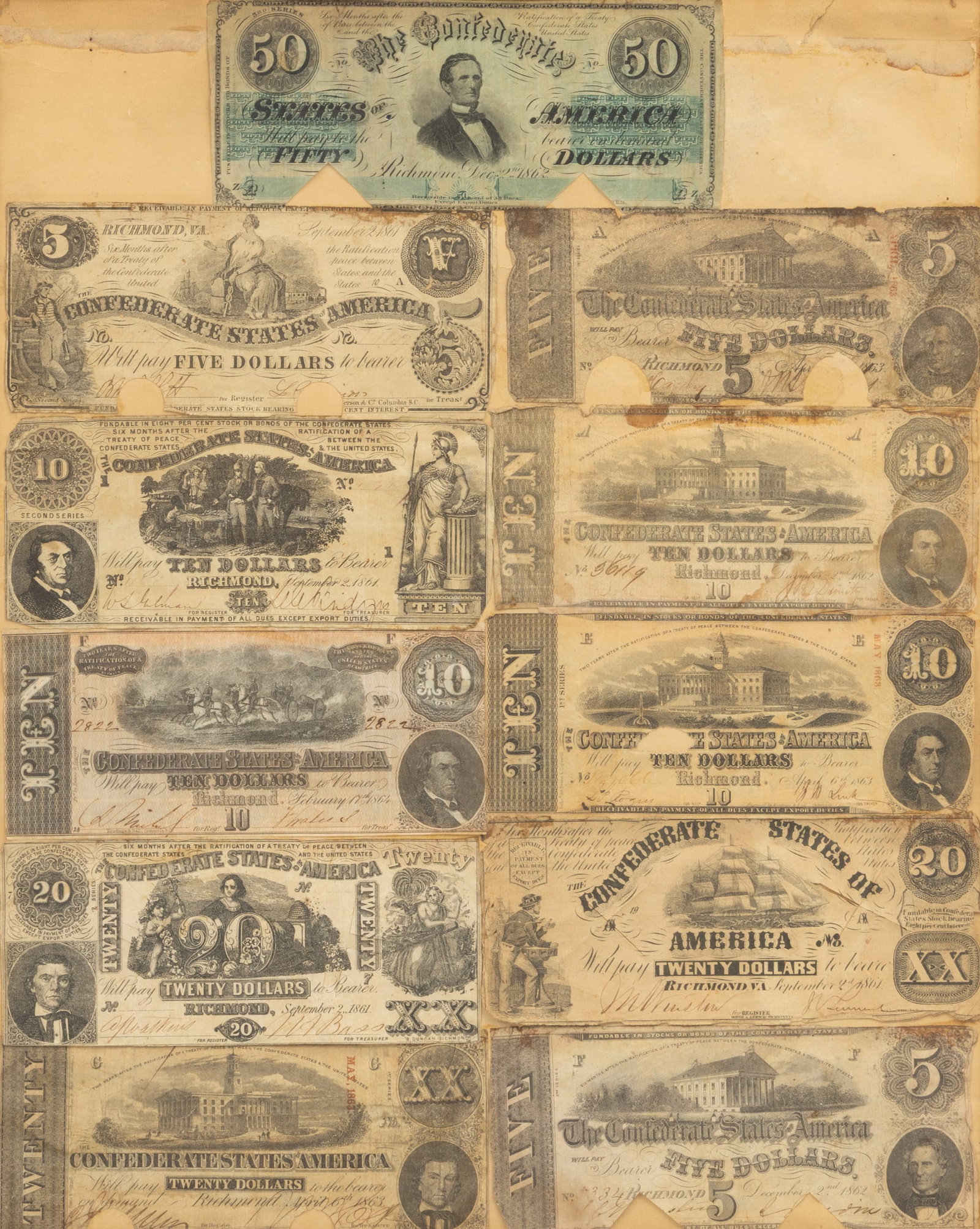Framed Collection of Confederate Currency, Ca. 1861-1864, H 22" W 18" (1 of 5)