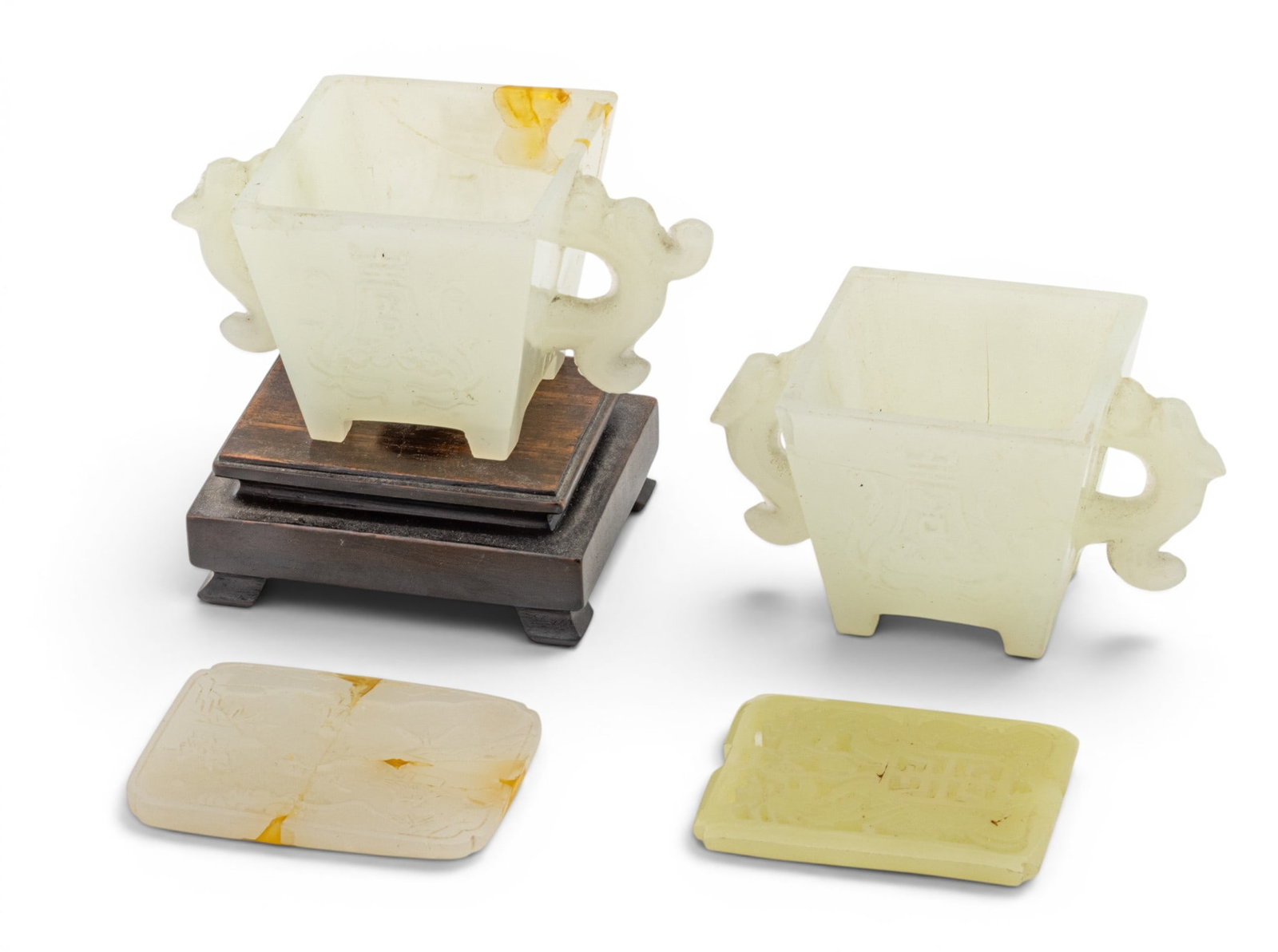 Miniature Peking Glass Tablet & Pair of Jade Jardinieres Four Pieces Total H 2" W 3.5" 4 PCS (1 of 4)