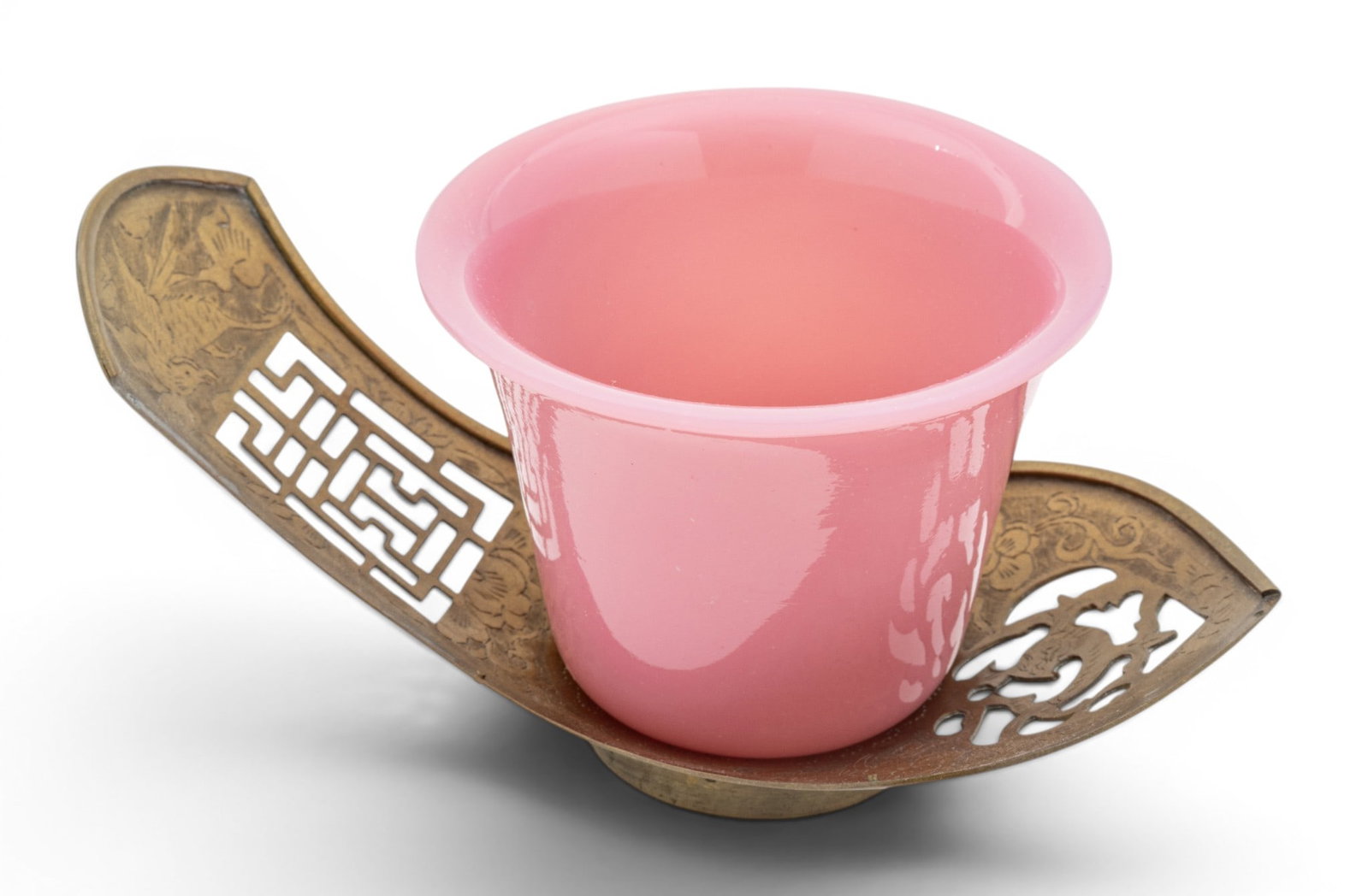 Chinese Peking Glass, Pink Color in Metal Pierced Holder H 2.75" Dia. 3" (1 of 7)