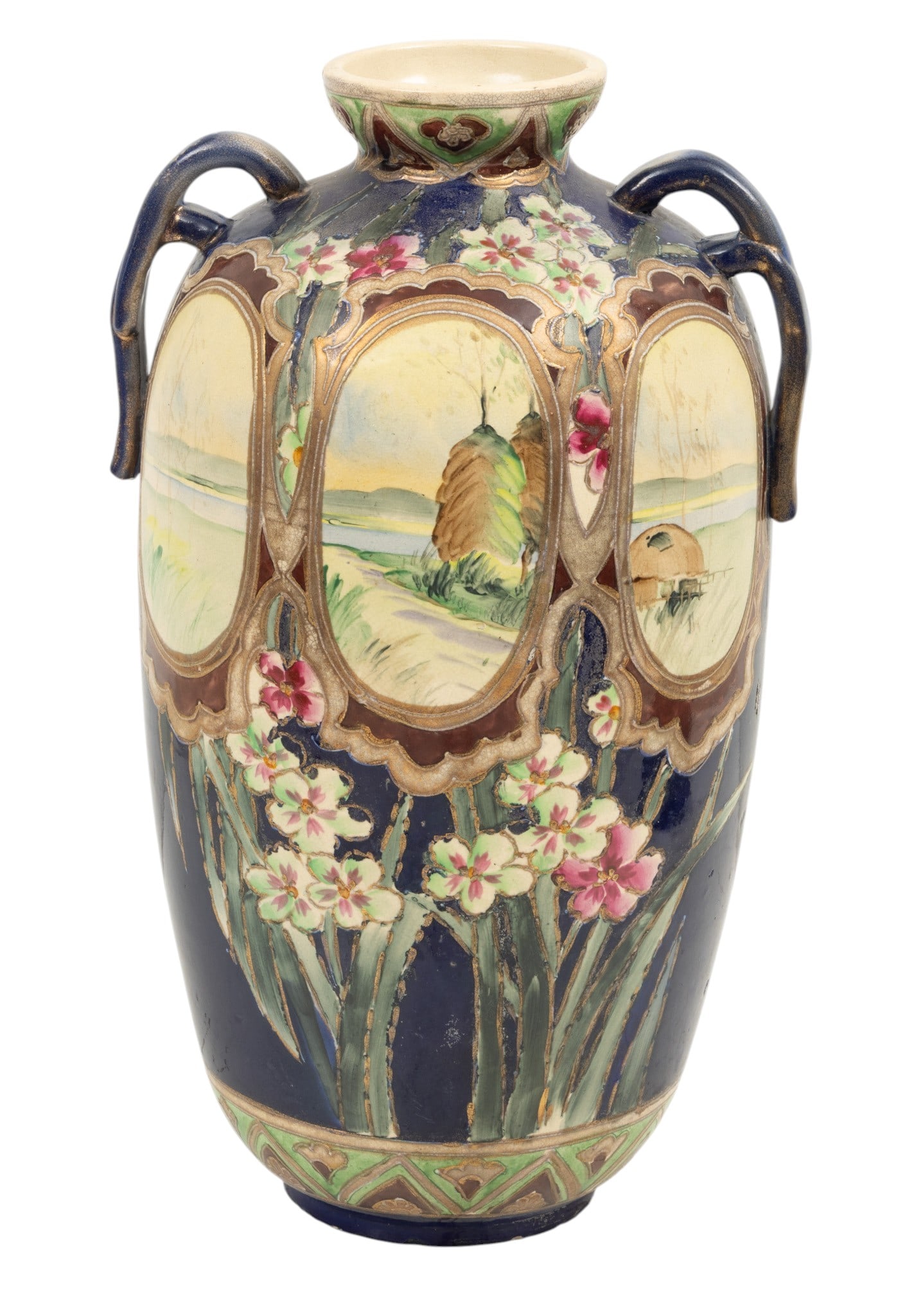 Japanese Art Pottery Vase 1900, 'Cobalt Ground with Oval Scenic Reserves', H 19" W 10" 1 PC (1 of 4)